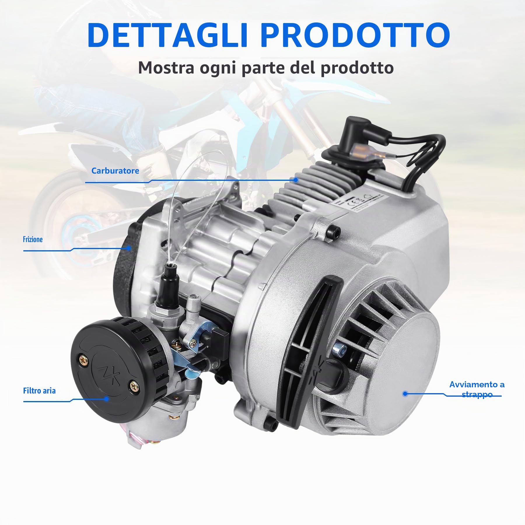 Samger 49 cc, motore a 2 tempi con avviamento a strappo, raffreddato ad aria, adatto per Pocket Bike Mini Dirt Bike ATV Scooter