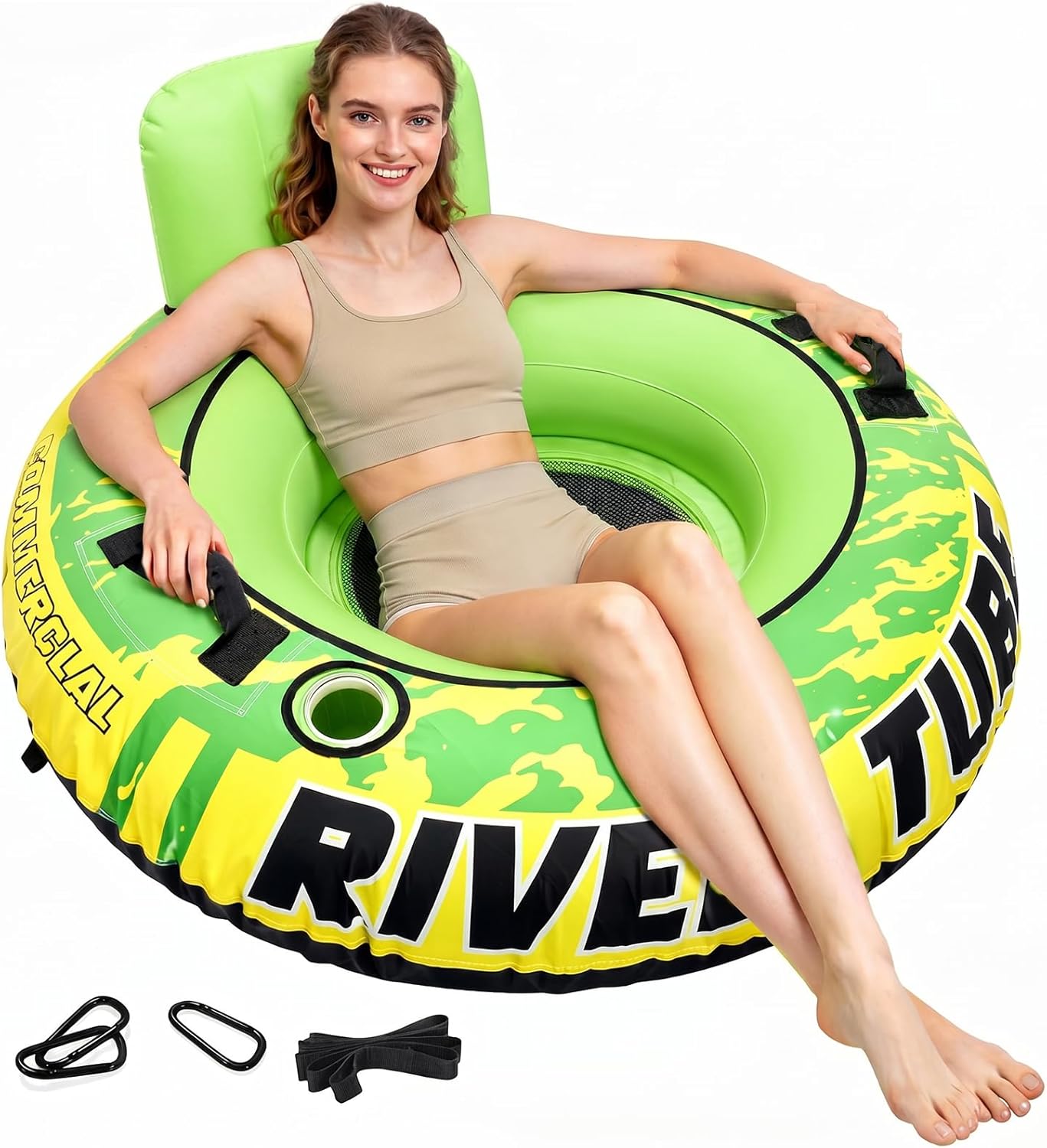 53" Heavy Duty River Tube for Floating with Canvas Cover, Tubing Floats for Lake Pool, Inflatable Water Tube for Floating with Cup Holders Handles Headrest, River Raft Carry 300lb of Adults