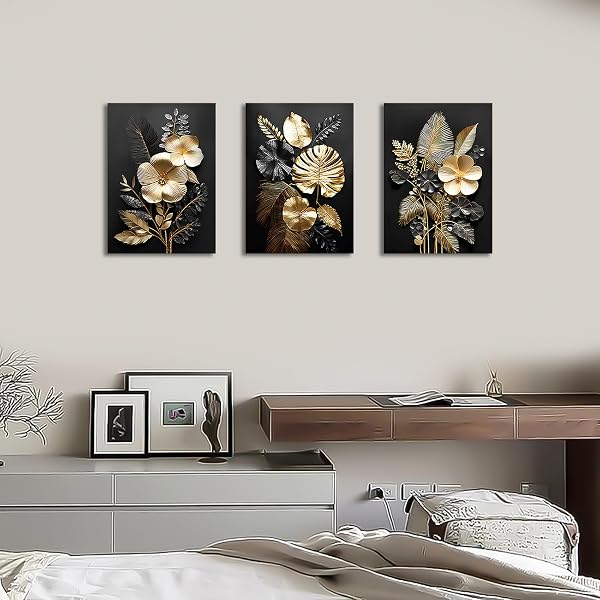 3 Panels Wooden Framed 3D Black Gold Flowers Canvas Wall Art Tropical Monstera Coconut Leaves Painting on Canvas Prints Pictures for Living Room Bedroom Home Wall Decoration 90x40cm(12"x16"x3pcs) - 2