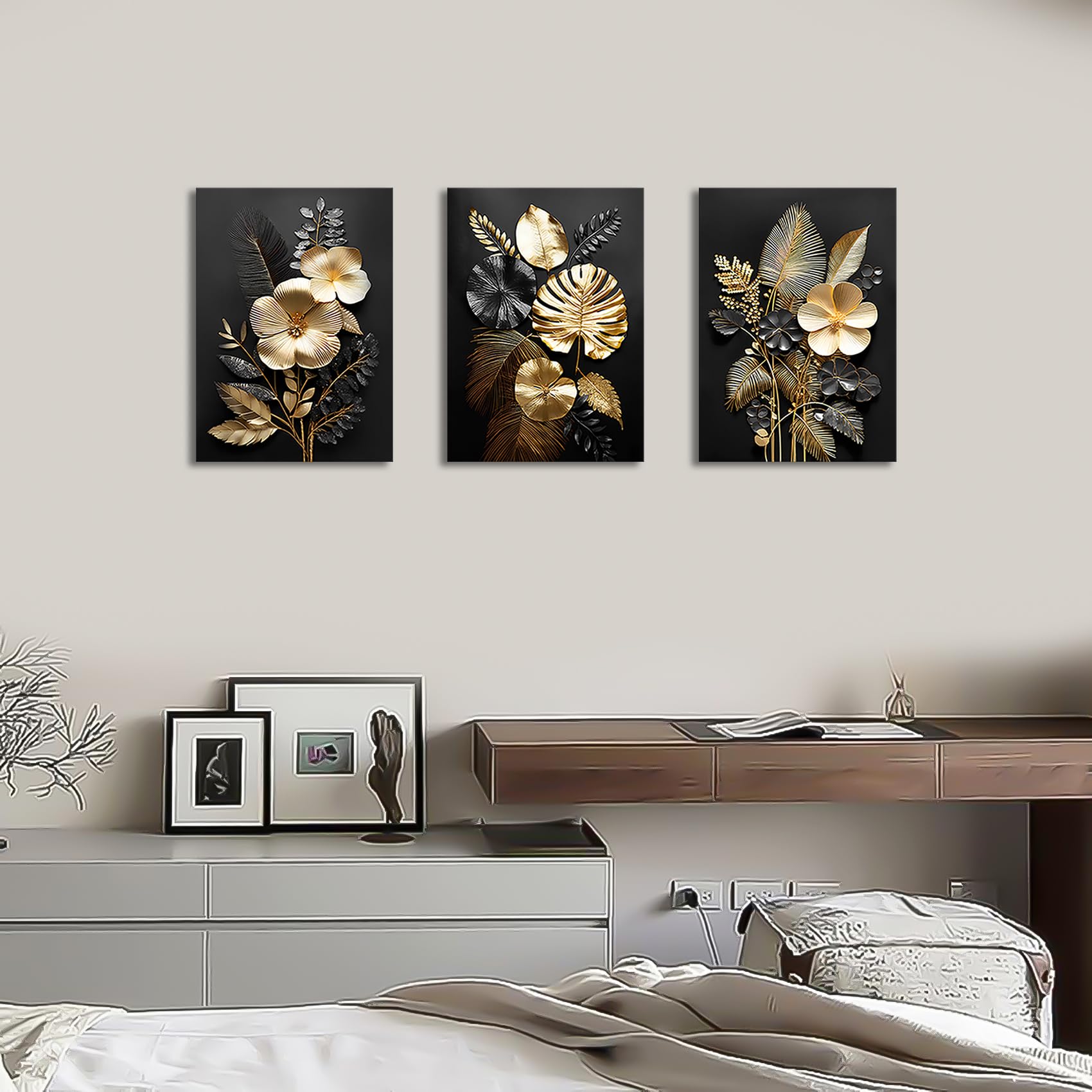 3 Panels Wooden Framed 3D Black Gold Flowers Canvas Wall Art Tropical Monstera Coconut Leaves Painting on Canvas Prints Pictures for Living Room Bedroom Home Wall Decoration 90x40cm(12"x16"x3pcs) — view 2