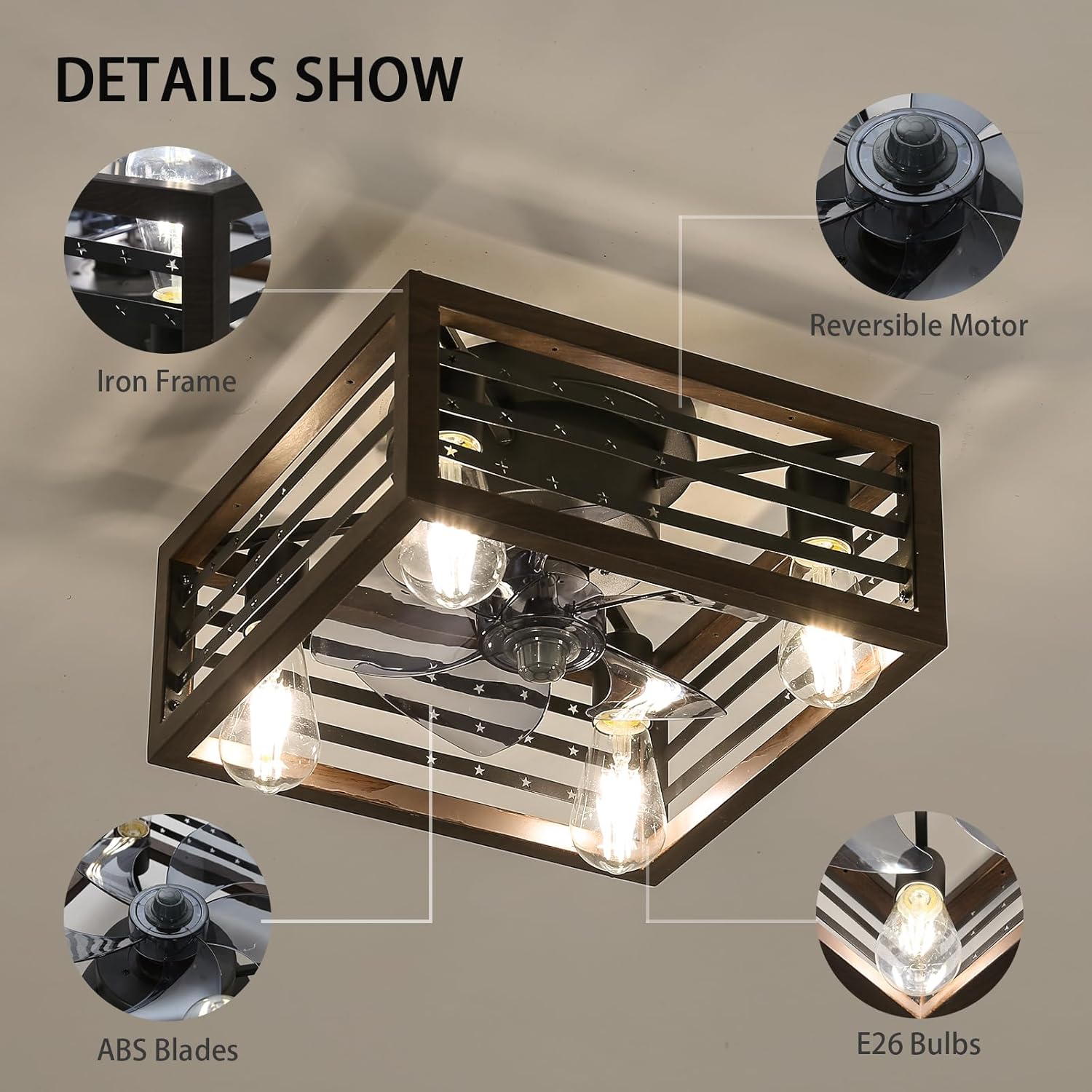 18inch Caged Ceiling Fan with Lights Remote Control for APP, Dimmable, Small Room, Bedroom