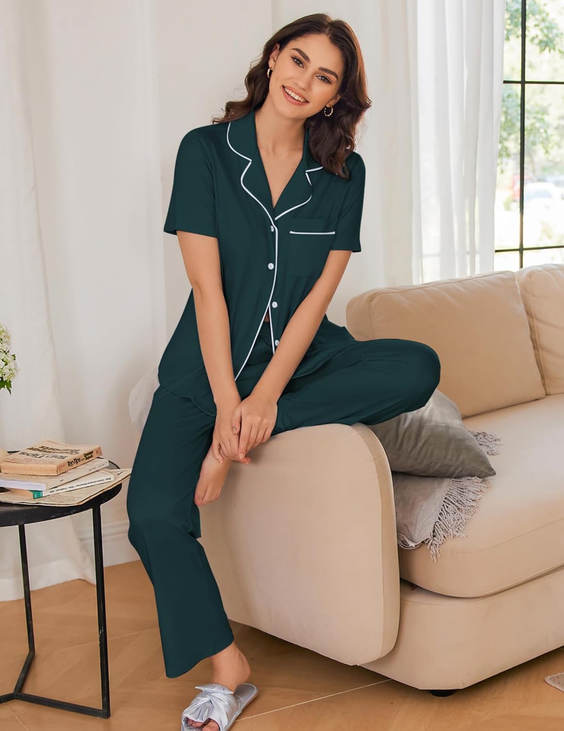Ekouaer 2 Pack：Womens Pajamas Short Sleeve Pjs Notch Collar Button Up Loungewear Cozy Sleepwear Sets - Image 5