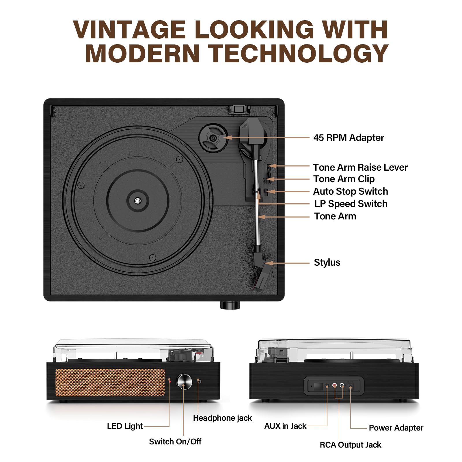 Giradischi per vinile con 2 altoparlanti integrati, giradischi in vinile LP con trasmissione a cinghia vintage 3 velocità 3 dimensioni, riproduzione wireless Bluetooth, ingresso AUX, uscita RCA