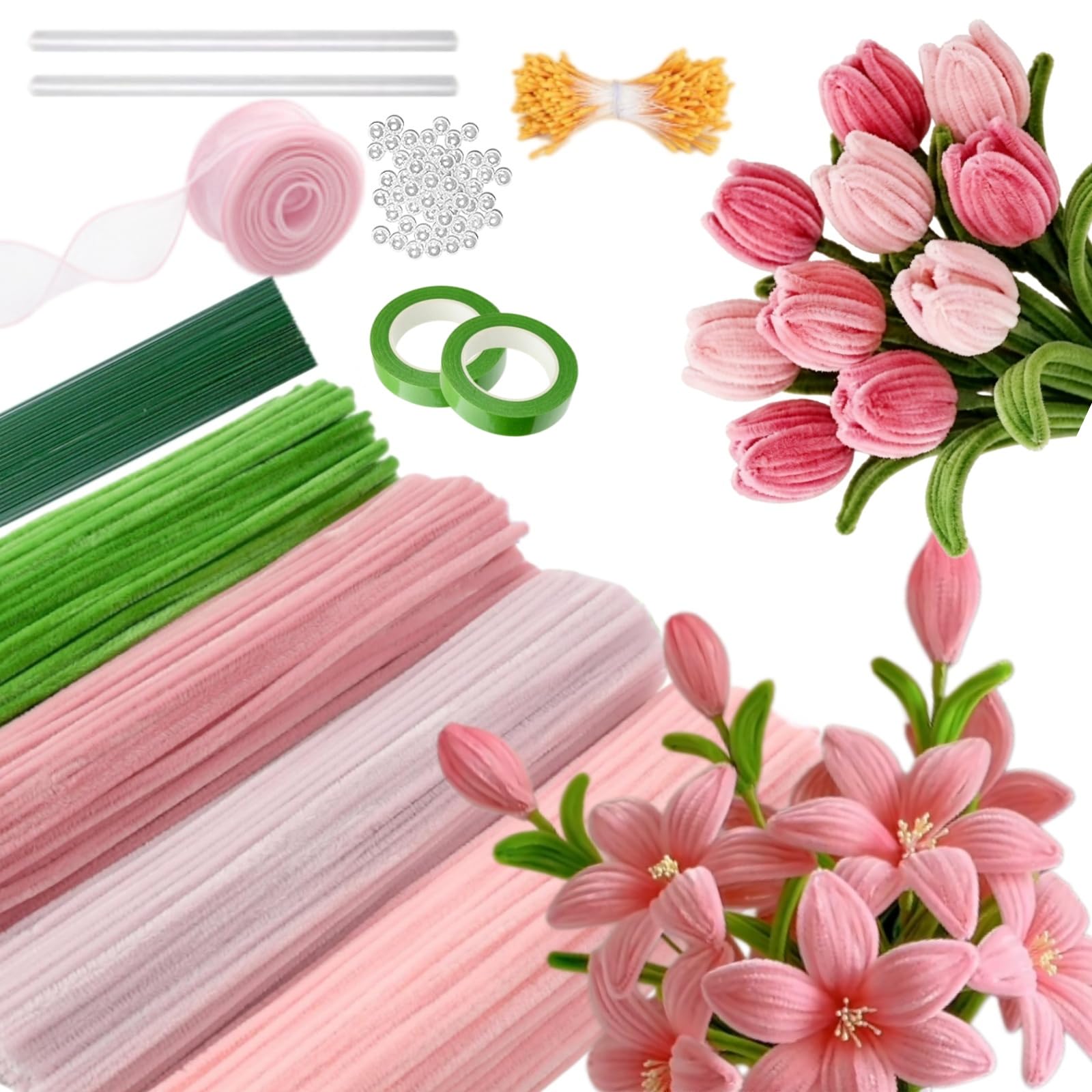 Siocok Pink Kit Pipe Cleaners Craft Kit 400Pcs, Flexible Pipecleaners For Tulip Bouquets, Pastel Chenille Stems For Diy Art Projects Gift, With Flower Stems, Stamens, Beads, Floral Tape & Ribbon For Diy (Pink Kit)