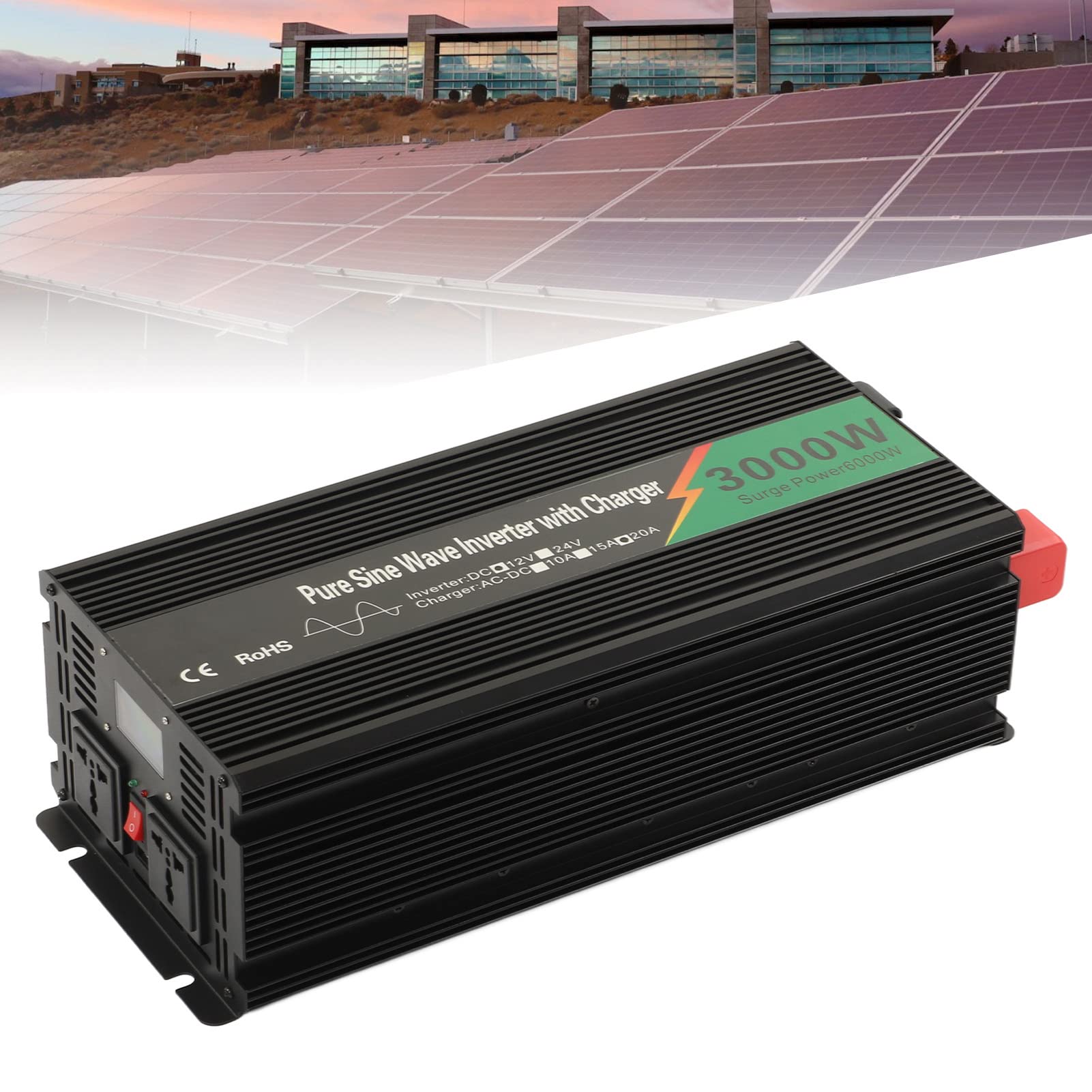 Hyuduo Przetwornica Napięcia Czystej Fali Sinusoidalnej, Aluminiowy Przetwornica Napięcia DC 12 V na AC 3000 W z Zasilaczem UPS, Szczytowa Moc 6000 W, 2 Gniazda USB 15 A, ładowanie dla Samochodu