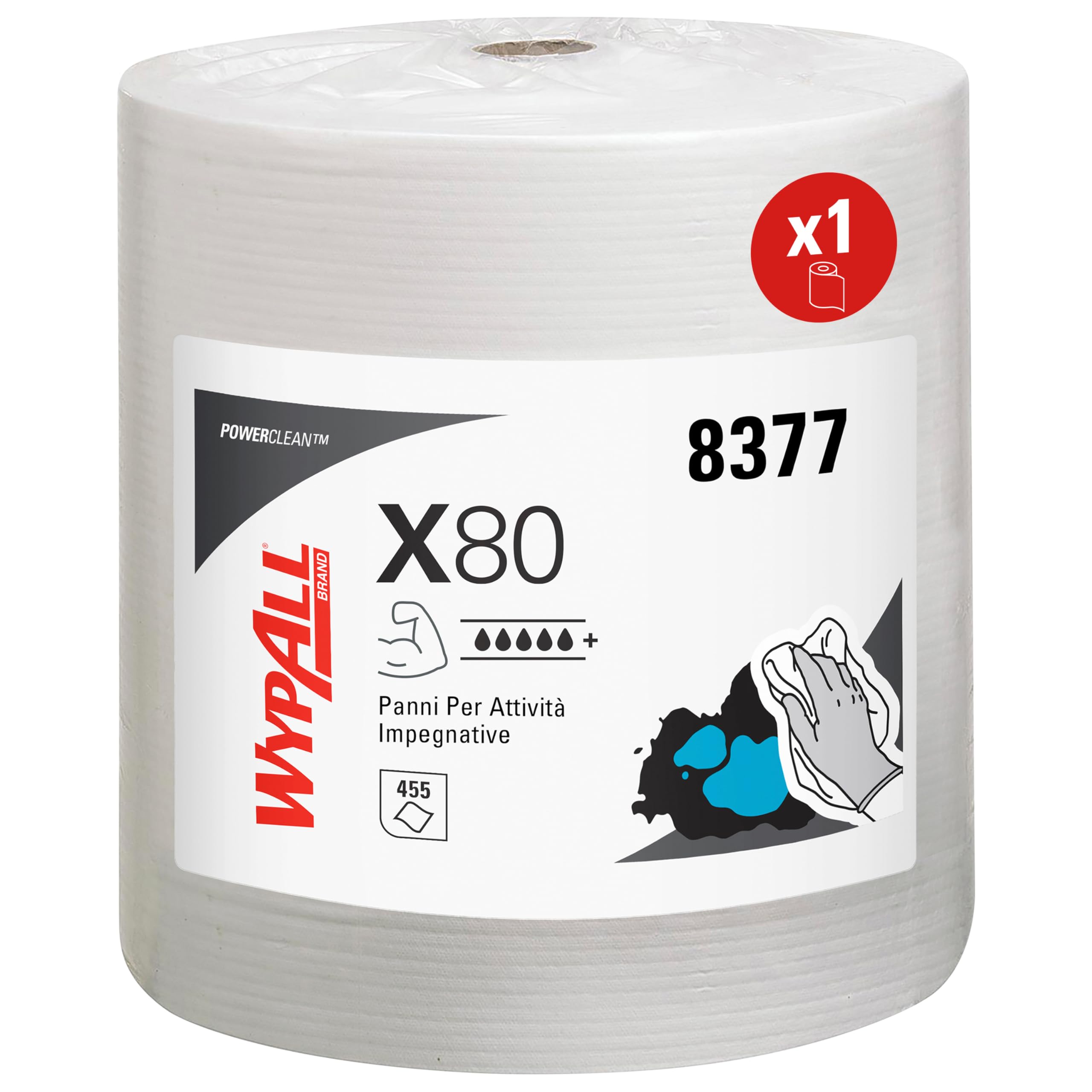 WypAll Panni WypAll X80 Power Clean - Panni per la pulizia riutilizzabili - 1 rotolo grande da 455 panni assorbenti bianchi, Numero articolo 8377