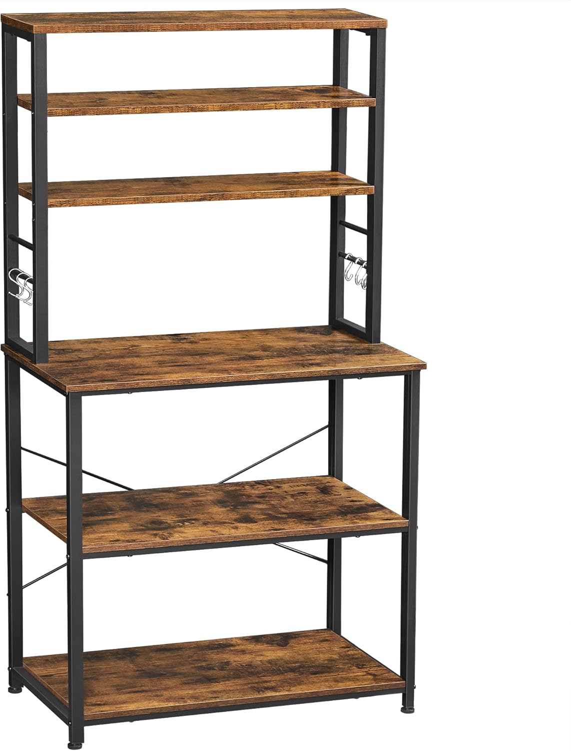 VASAGLE Coffee Bar, Bakers Rack for Kitchen with Storage, 6-Tier Kitchen Shelves with 6 Hooks, Microwave Stand, Industrial, 15.7 x 31.5 x 65.7 Inches, Rustic Brown and Black UKKS019B01 15.7 x 31.5 x 65.7 Inches Rustic Brown + Black