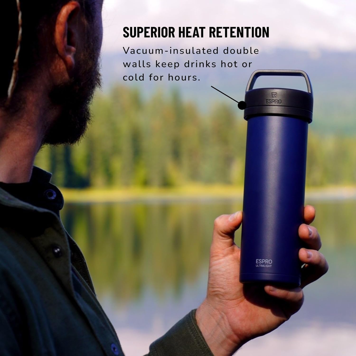 ESPRO P0 Ultralight French Press Coffee Maker for Travel, Vacuum Insulated Stainless Steel, 16 Ounces, Aegean Blue