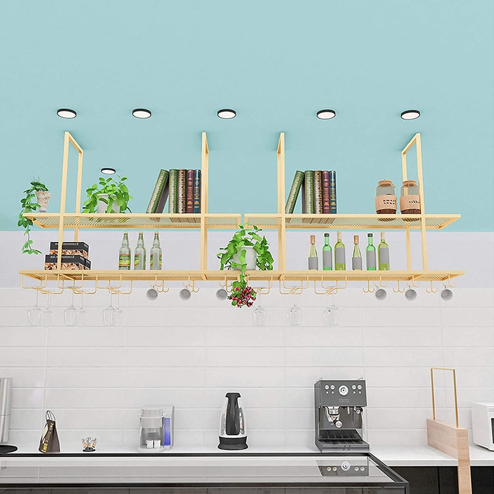 BotelleroEstantes para vinos de Techo, portabotellas de Vino, Estante para Copas de Vino de Hierro metálico, estantes para Copas, restaurantes, Bares, cocinas, Estante de exhibición decorati