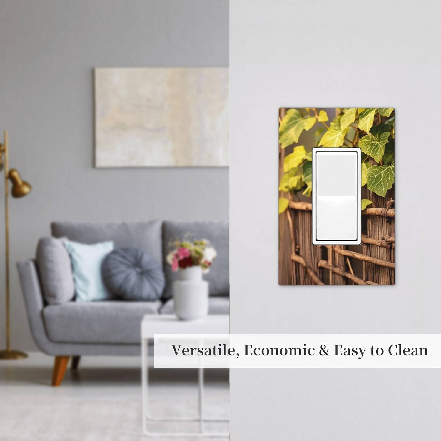 Decorative Wall Plate 1 Gang Single Rocker Green Grapevines Wooden fence Light Switch Cover Outlet Faceplate Cover Suitable for Living Room Bedroom Bathroom Offices House Kitchen