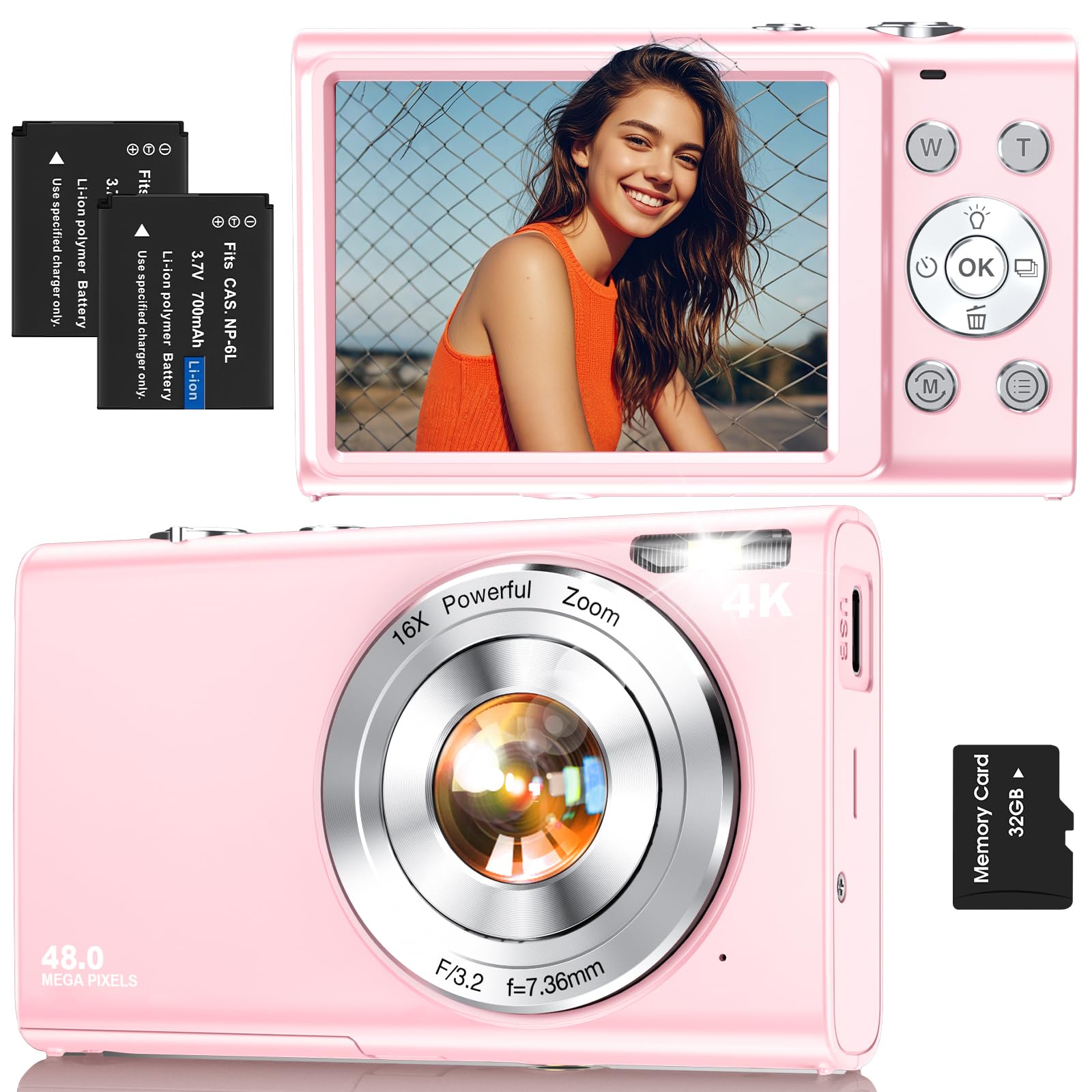 Digital Camera,4K Autofocus Point and Shoot Digital Camera with 32GB Card,48MP Portable Compact Camera Photography for Teens Adult Beginner with 16X Zoom,Anti-Shake,2 Batteries(Pink)