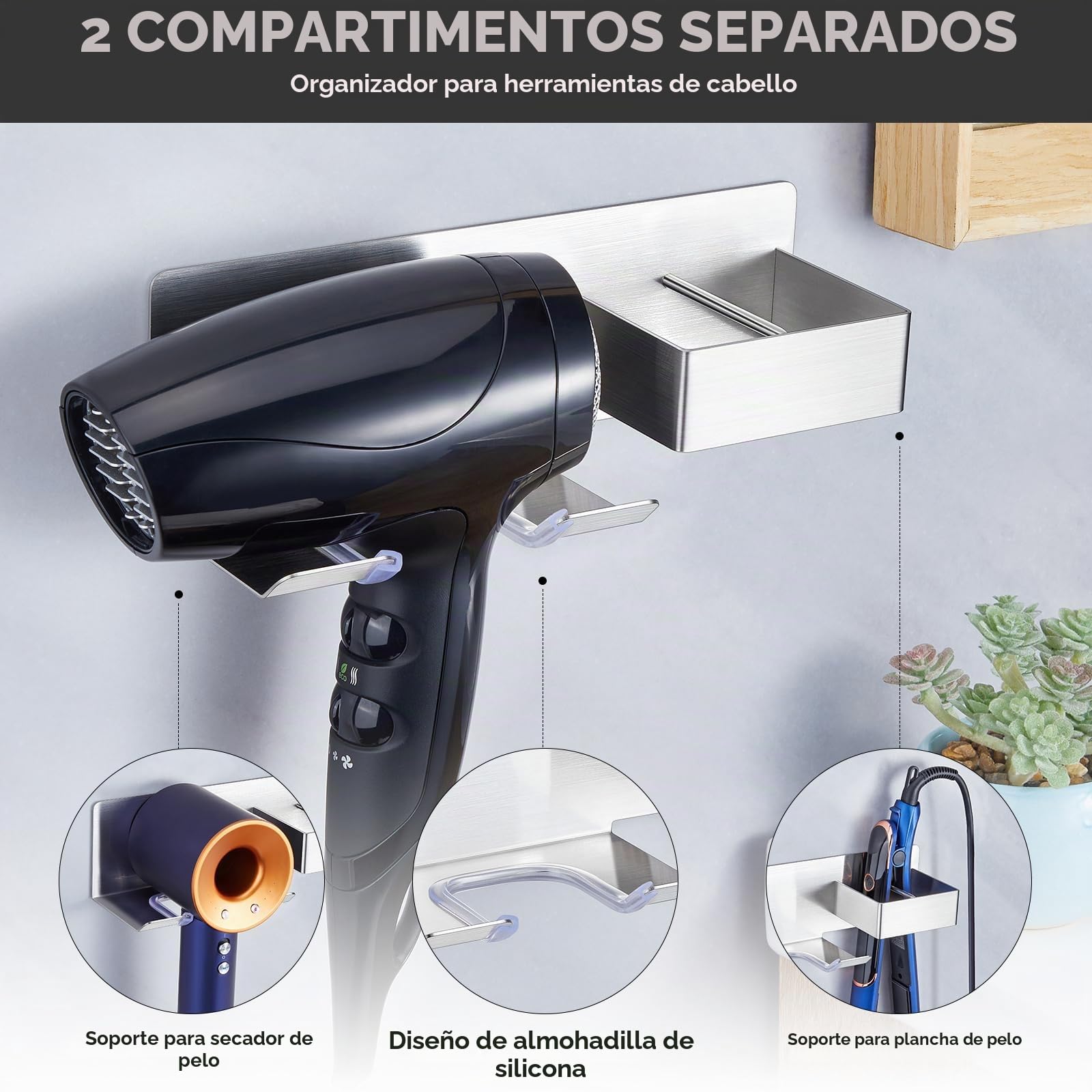 Soporte Secador Pelo y Plancha sin Taladro Adhesivo
