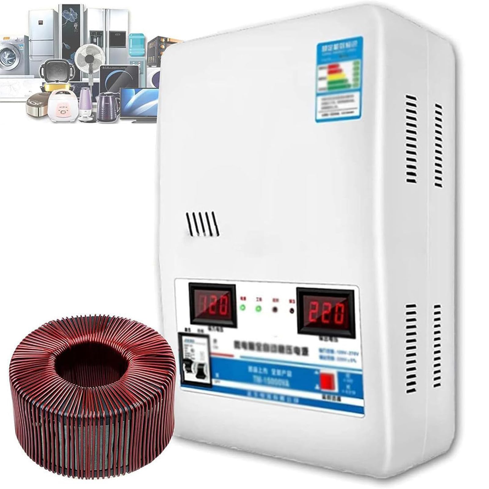 Estabilizador Automático de Tensión, Estabilizador Monofásico CA Fuente de Alimentación Montaje en Pared o en Plano, Alta Eficiencia de Conversión 120V-270V