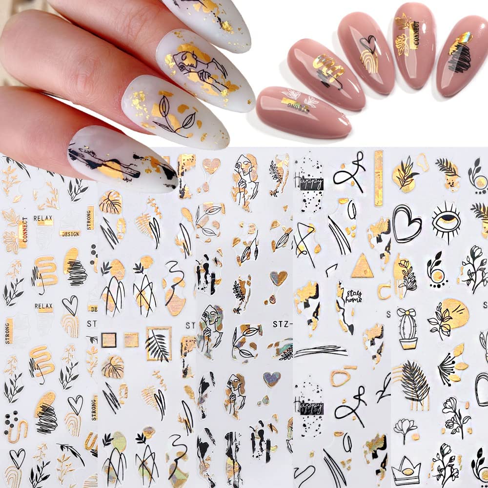 Excefore Black Gold Flower Nail Art Stickers Decals, 8 Sheets Abstract Leaves Nail Decals 3D Metallic Self-Adhesive Graffiti Leaf Lady Face Line Heart Cactus Nail Design for Women Girls Kids
