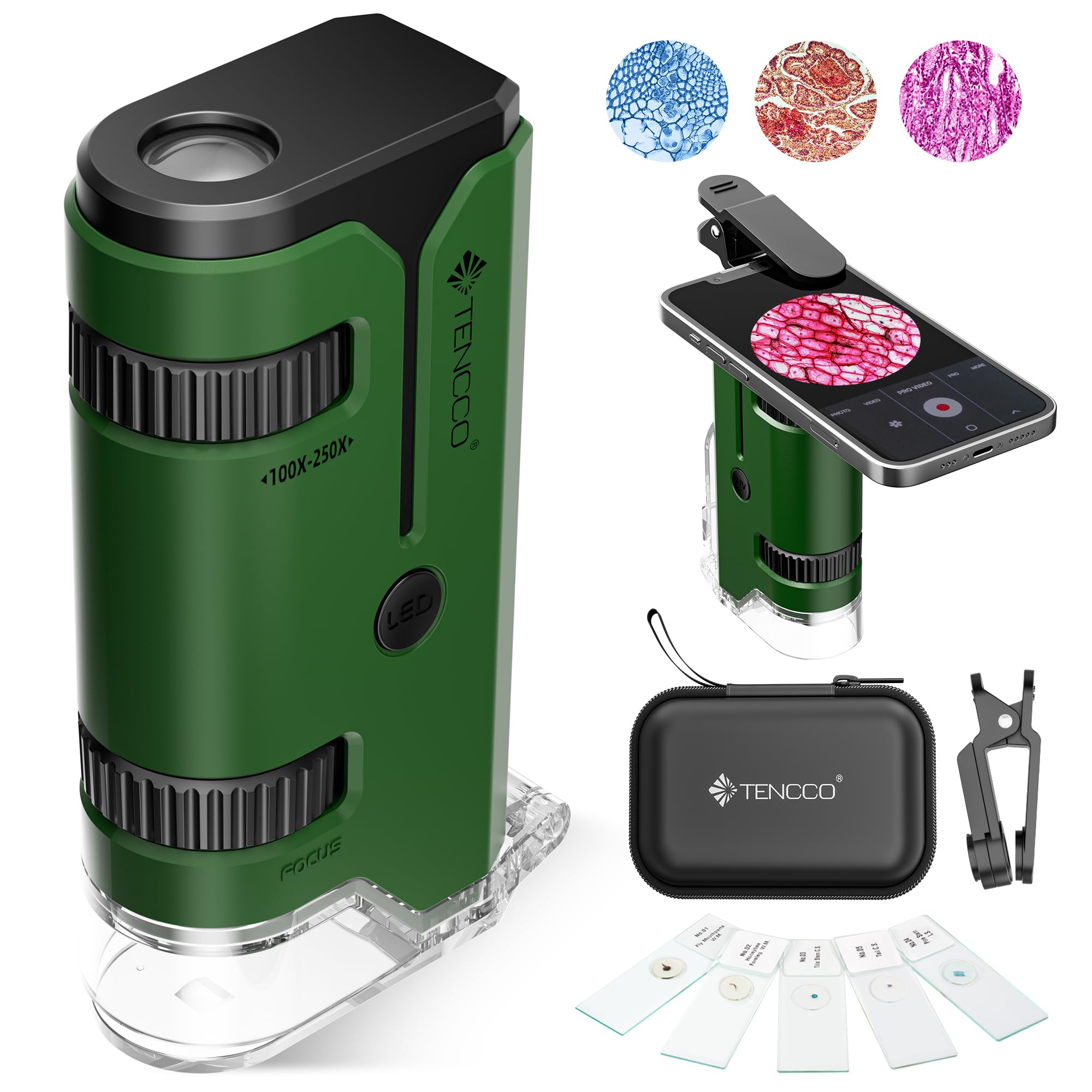 100x-250x Pocket Microscope for Kids Adults, Protable Handheld Miniscope, Mini Microscope Kit for Kids Adults Home School Lab Biology Science Education, Green