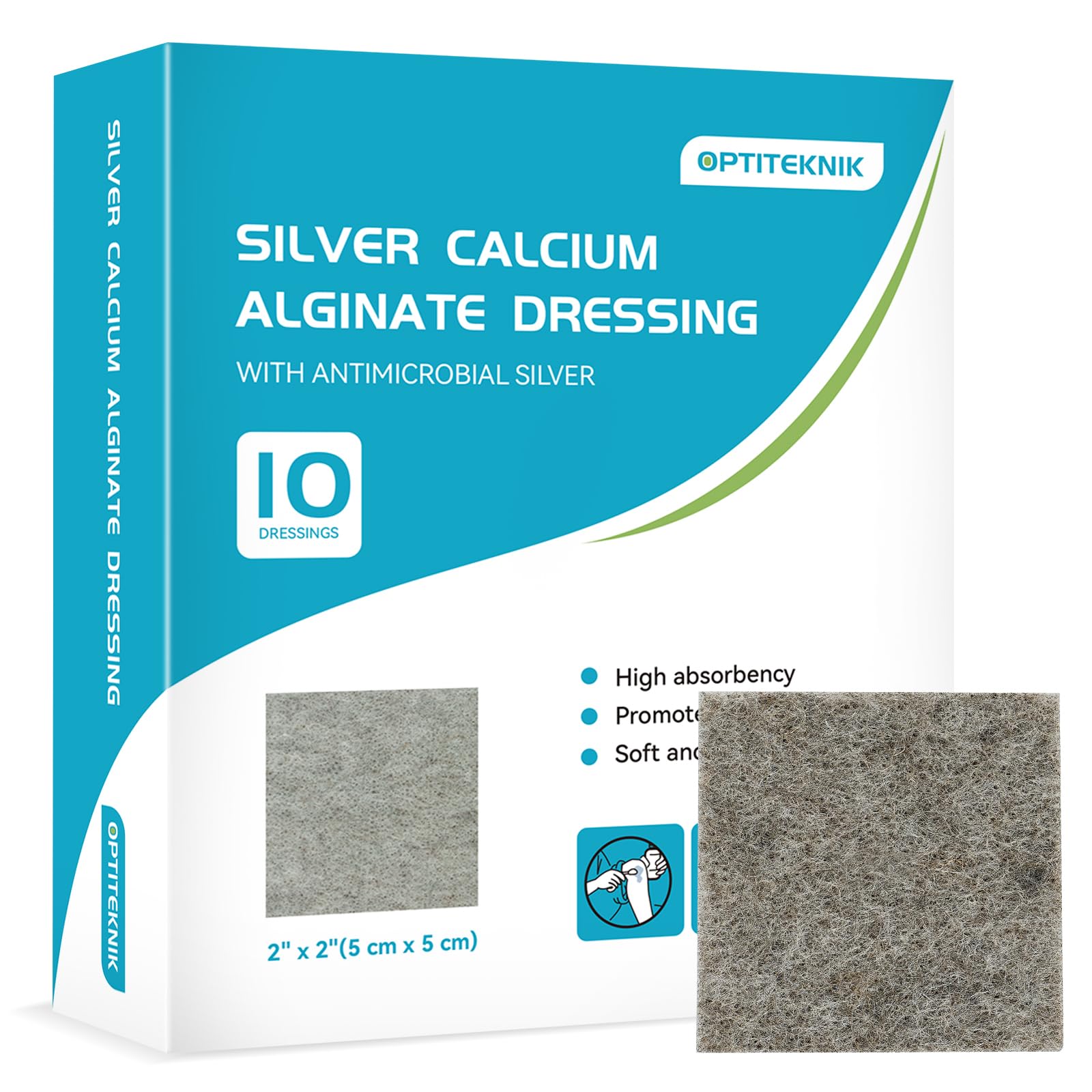 Ag Silver Calcium Alginate Wound Dressing Pads 2"x2" Pack of 10, Soft Silver Dressings for Wound Care, Gentle Highly Absorbent Dressing, Non Stick Gauze Pads for Wounds