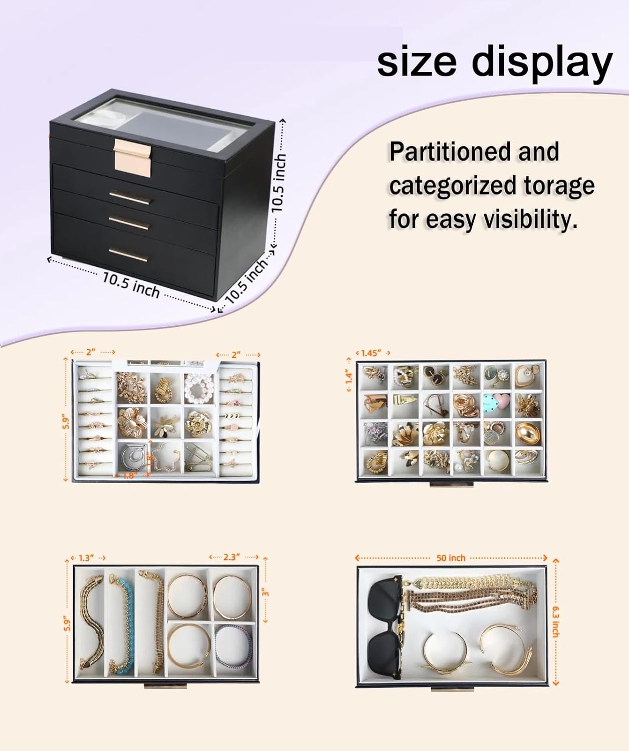 BOOVO Jewelry Boxes for Women, White and Black 6 Layer Large Jewelry Box for Necklace, Bracelet, Earrings, Rings Storage, Jewelry holder Organizer for Girls Gift (Clear Black, 4 layer) image 4