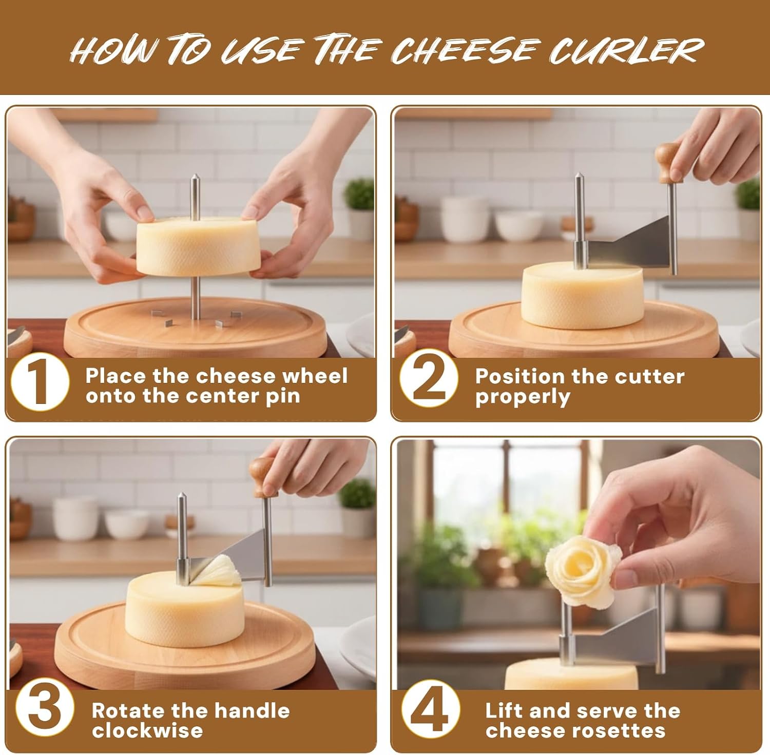 Cheese Curler Wheel with Stainless Steel Blade & Wood Base – Creates Cheese Curls from a Cheese Wheel, Also Suitable for Chocolate and Butter, for Home Kitchens, Dinner Parties