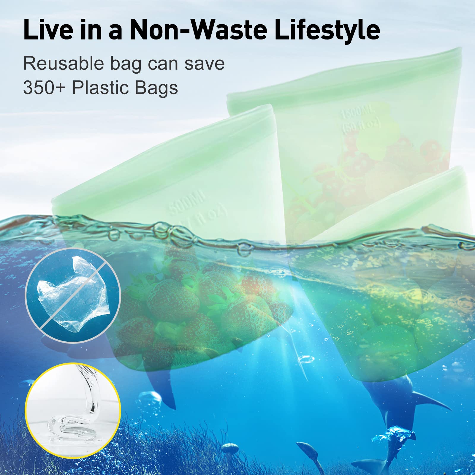 Paquete de 3 bolsas de silicona reutilizables con cremallera, material de silicona hermético para marinar carne, aperitivos y almacenamiento de alimentos (verde)