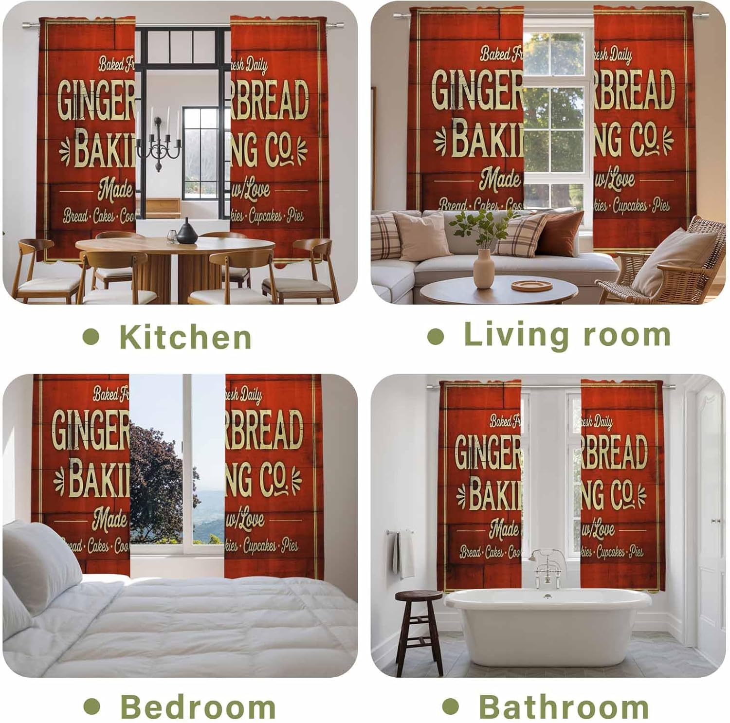 Christmas Winter Window Curtains 72 Inch Long 2 Panel Set, Rod Pocket Long Curtains & Drapes, Ginger Bread Retro Red Wooden Grain Light Filtering Window Treatment for Bedroom Living Room 52"W x 72"L