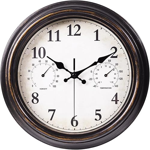 JoFomp Relojes de exterior para patio, reloj de pared exterior grande de 12 pulgadas, impermeable, con termómetro e higrómetro, reloj de pared