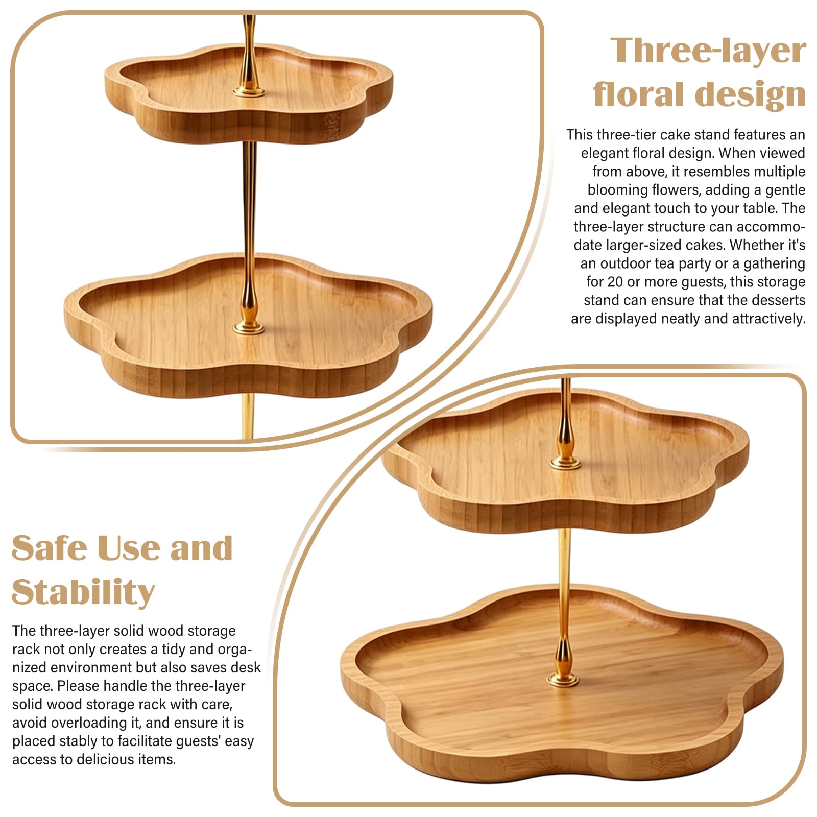 Soporte para tartas de 3 niveles, de madera, 19,5 cm de diámetro, 24,5 cm de diámetro, 30,5 cm de diámetro, 3 niveles y diseño de flores, para cupcakes, postres, fiestas, casa, cumpleaños