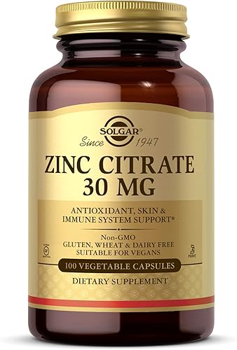 Solgar Citrato de zinc de 30 mg, 100 cápsulas vegetales – Zinc para una piel sana, apoyo inmunológico, 100 porciones, 100 unidades