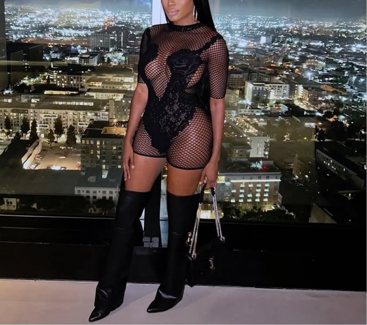 Women Sexy Mesh Hollow Jumpsuit Club Rave Party Summer Bodysuit Lace Short Romper - Image 3