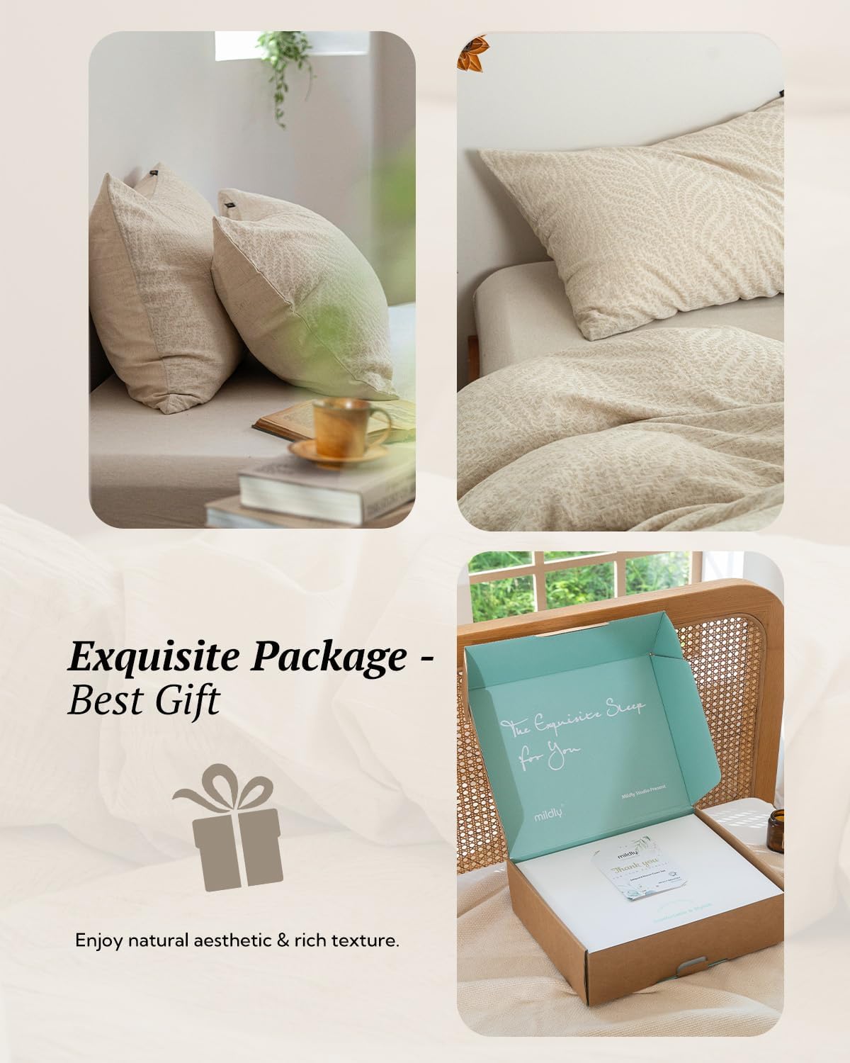 MILDLY Linen Cotton Duvet Cover - Jacquard Textured Wheat Ear Pattern Comforter Cover Set 2pcs with Zipper Closure Breathable & Minimalist for All Season