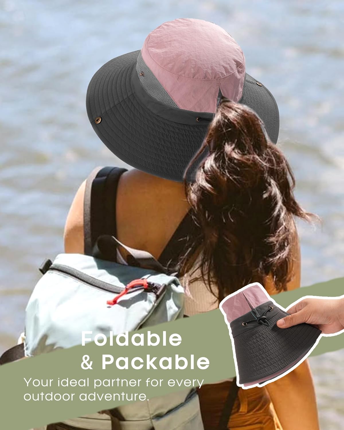 FURTALK Womens Sun Hat with Ponytail Hole Beach Hiking Summer Wide Brim UPF 80+ Outdoor Protection Foldable Bucket Hat - Image 4