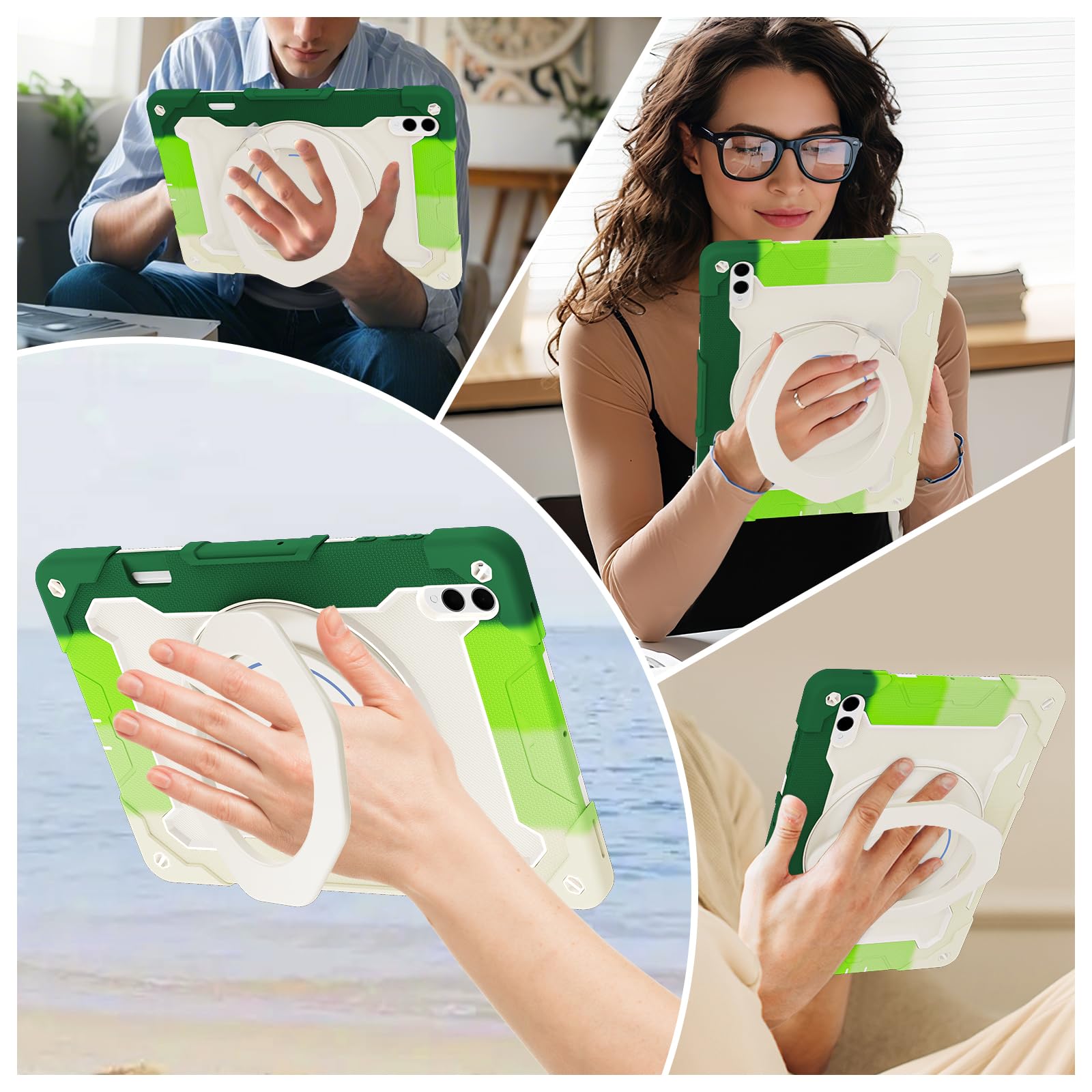 Etui na tablet Samsung Galaxy Tab S11 Ultra 2025 37.1 cm z obrotową podstawką o 360°, odporne na wstrząsy, z paskiem na ramię, uchwytem na ołówki i pierścieniem na uchwyt, zielono-białe