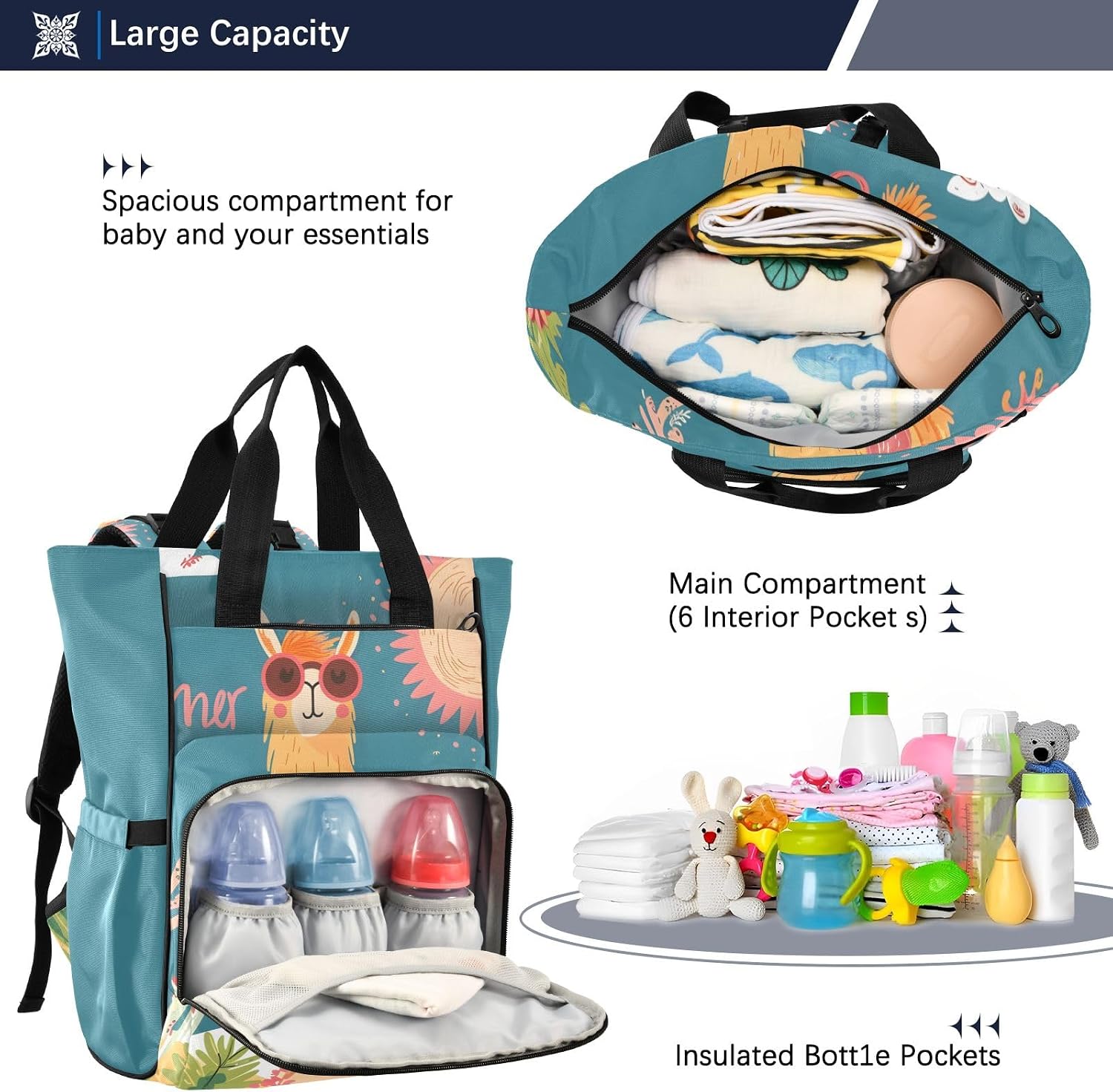 Bolaz Diaper Bag Backpack Tote Multifunction Baby Nappy Changing Bags Cute Llama with Glasses Large with Stroller Straps Travel