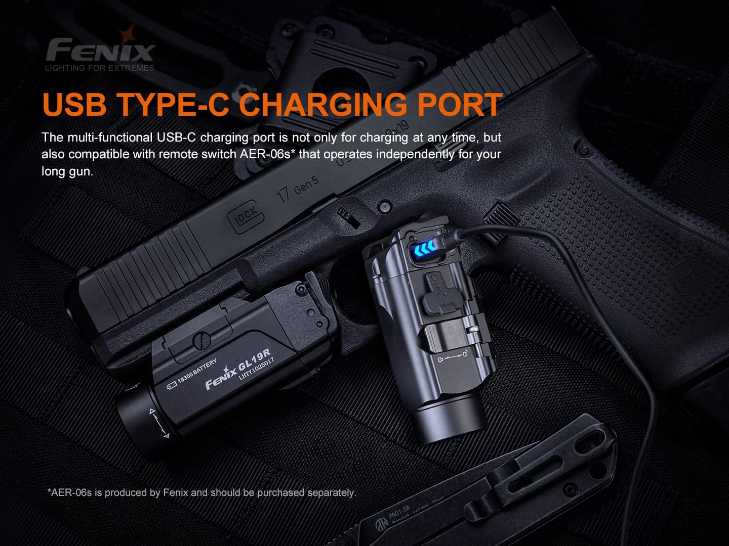 Fenix GL19R connected to a USB-C charging cable, showing the charging indicator lights.