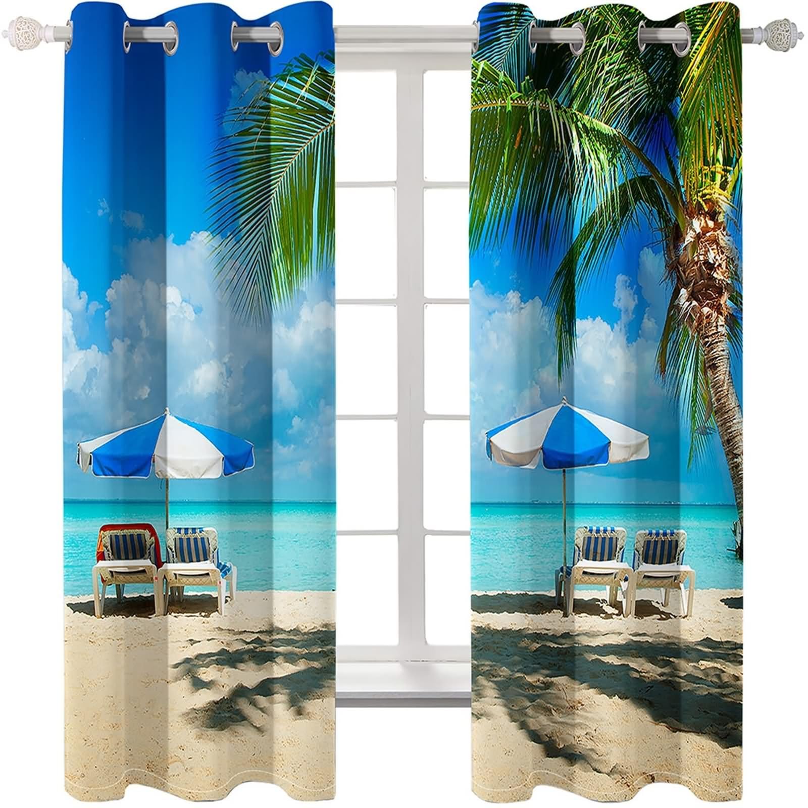 Rideau Boheme Exterieur, Rideaux Salon Bleu Vert Beige Style Vacances Tropicales - Paysage de Plage et de Mer Polyester 2 Panneaux 214x183cm