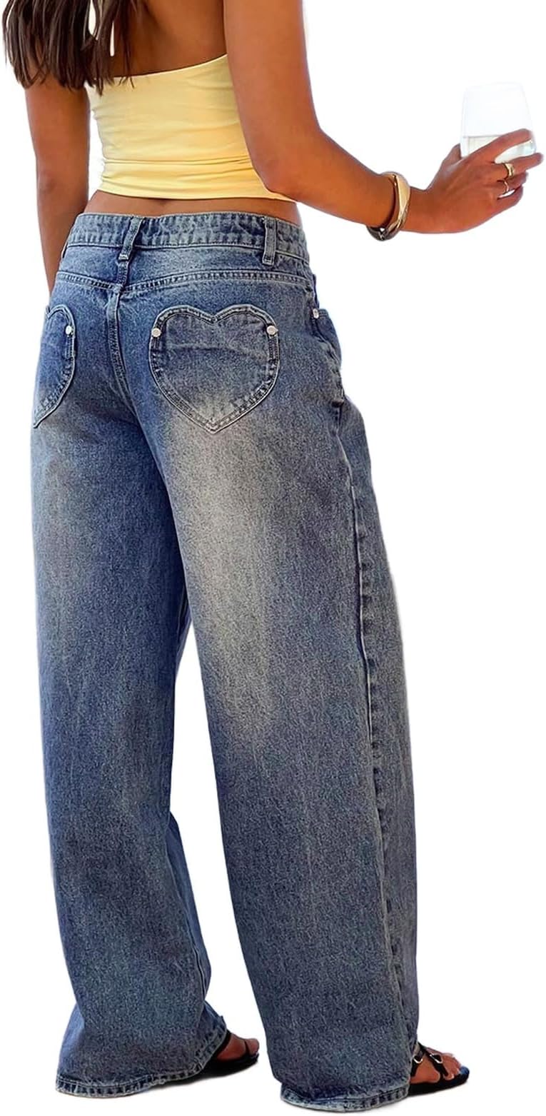 Women's Heart Pocket Wide Leg Jeans Retro Mid Rise Baggy Fit Y2K Washed Denim Boyfriend Pants
