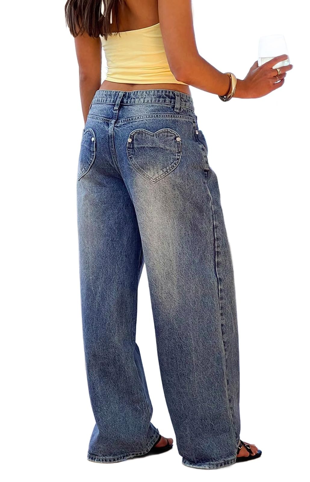 Women's Heart Pocket Wide Leg Jeans - Retro Mid Rise Baggy Casual Denim Pants