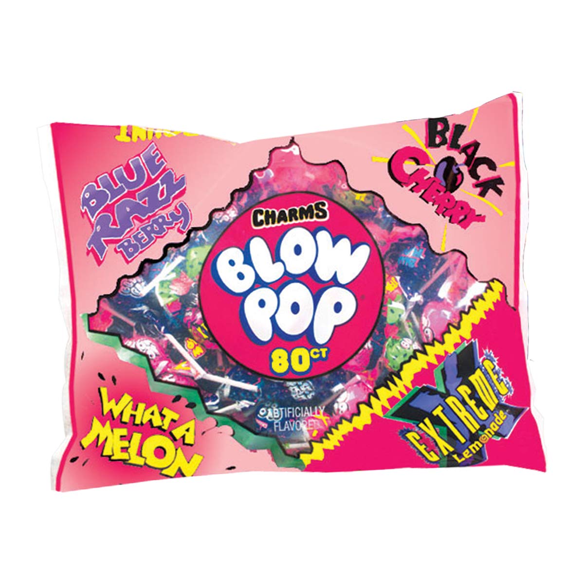 Charms Blow Pops 4 Flavor Assortment, includes Blue Razzbery, Black Cherry, What A Melon, & Extreme Lemonade Assortment, 80Count Bag, 80Count