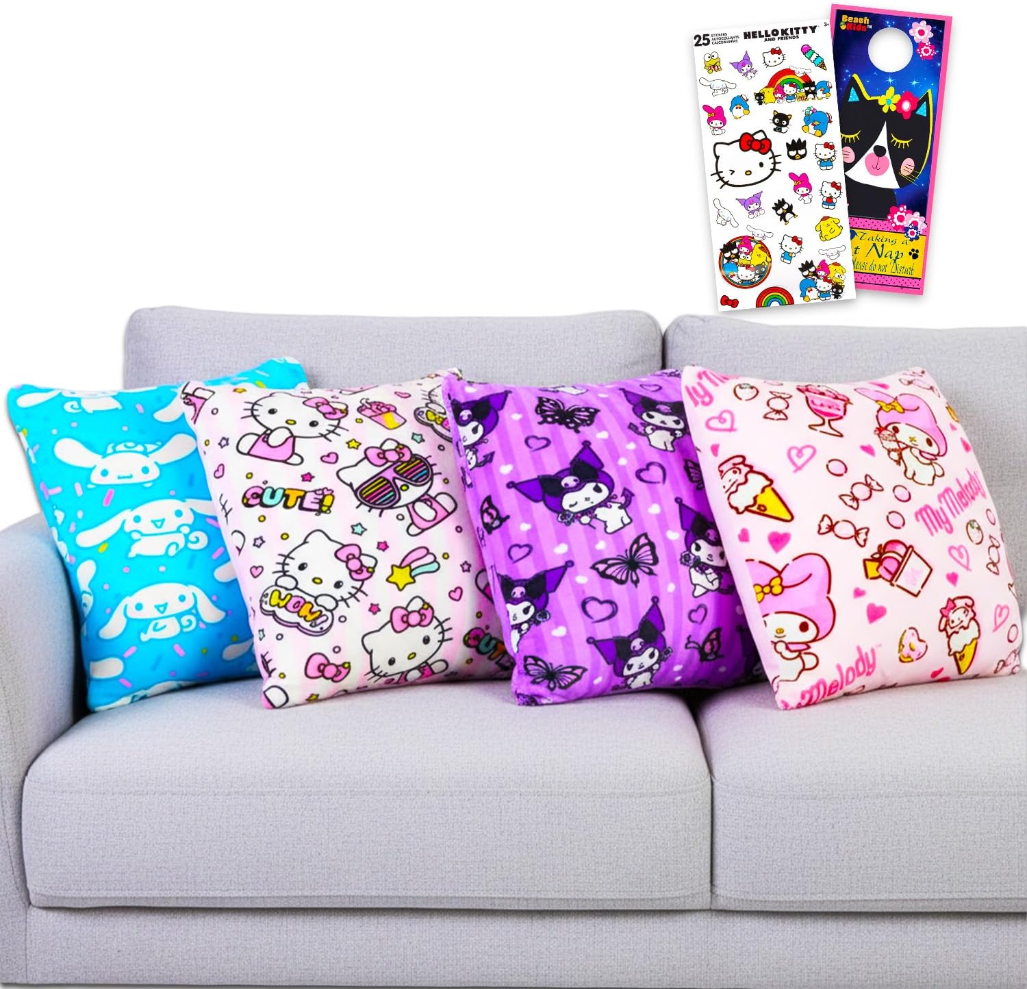 Hello Kitty and Friends Plush Pillows for Kids - 4 Pc Bundle with 13" Plush My Melody, Kuromi, Cinnamoroll Cuddle Pillows for Kids Bedroom Plus Stickers, More | Hello Kitty and Friends Bed Set