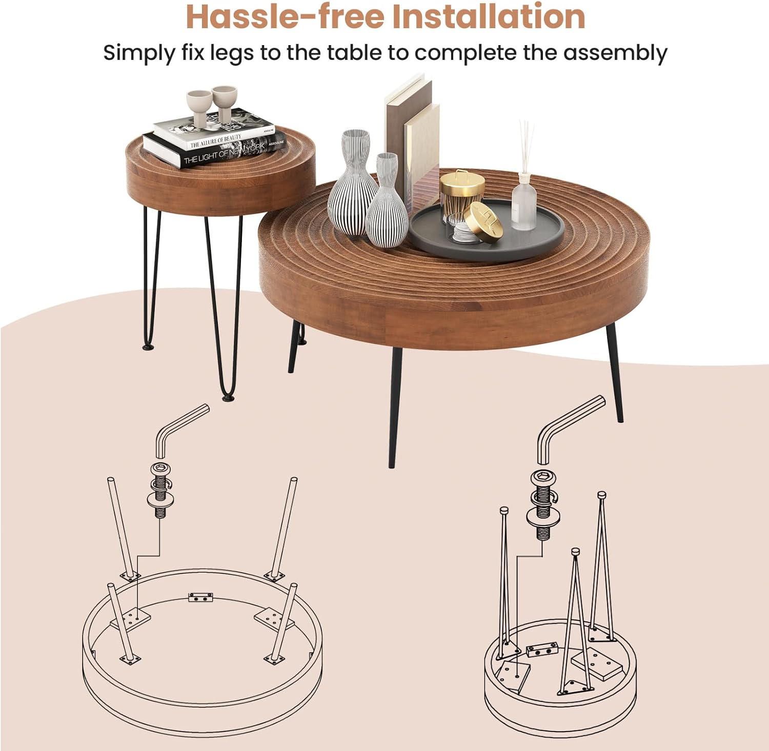 Assembly diagram showing how to attach legs to the table tops