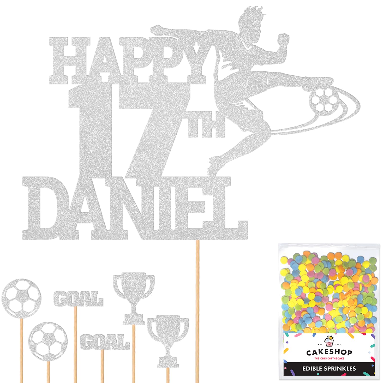 Personalised Birthday Football Footballer Cake Topper- Light Silver Any Name & Age Glitter Cake Decoration and Sprinkles - Happy Birthday Decorations - Personalised Toppers for Cakes by Cakeshop — image 1