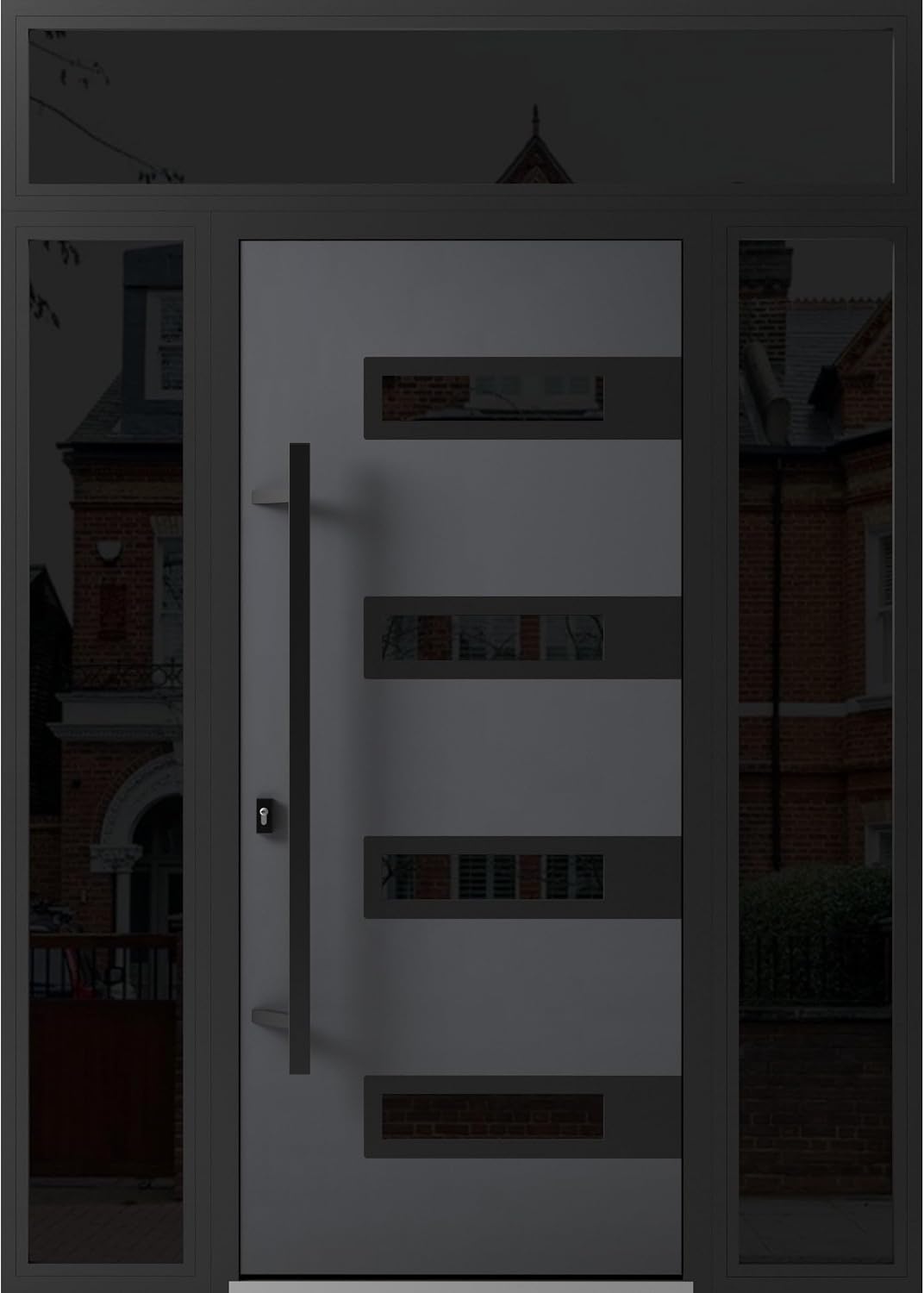 Front Exterior Prehung Steel Door/Ronex 0131 Grey / 2 Side and Top Exterior Window Sidelite/Entry Metal Modern Painted W14+36+14" x H80+16" Right Hand Inswing