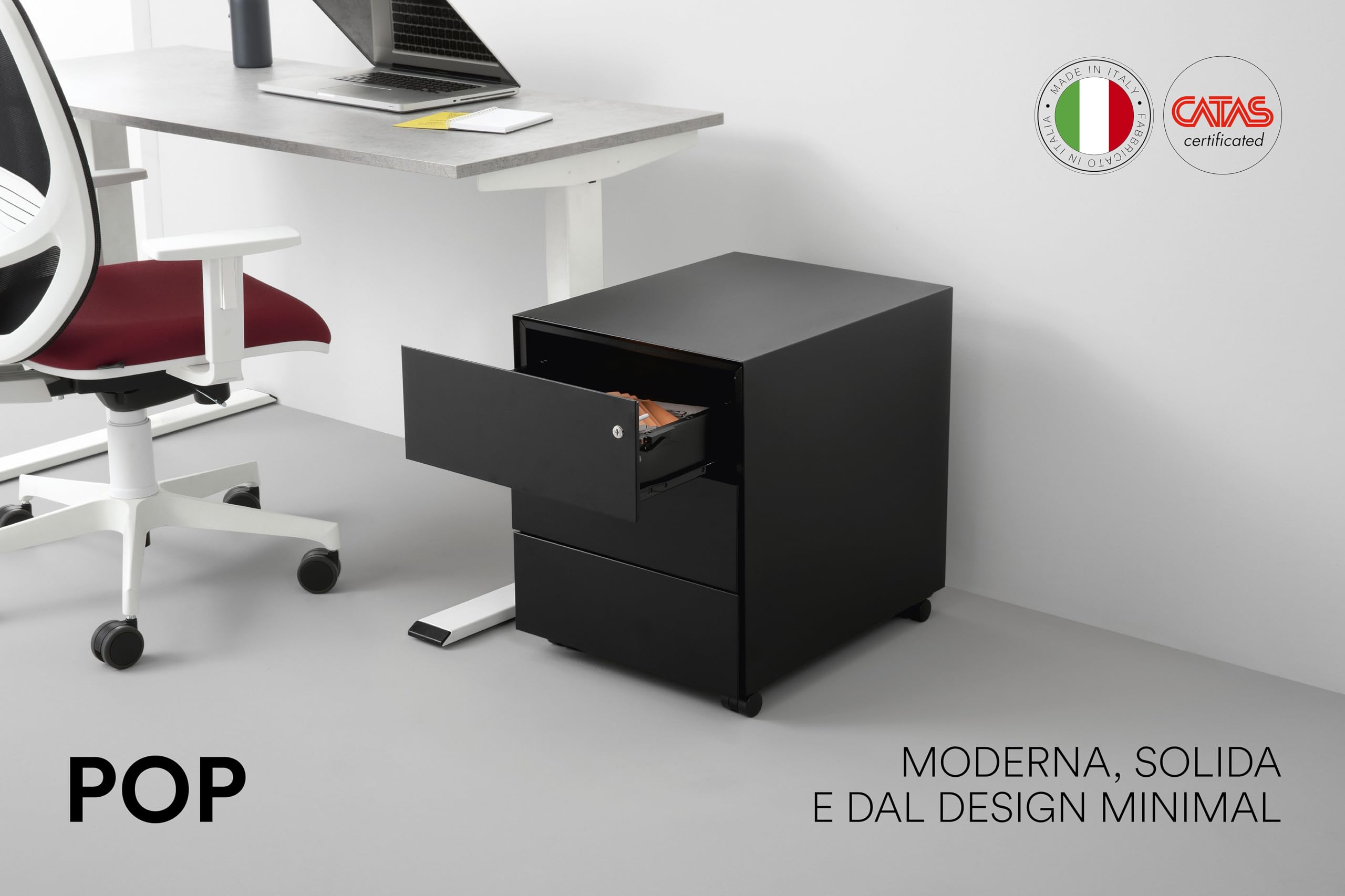 D-Segno Cassettiera da Scrivania in Metallo con Ruote - Cassettiera Ufficio Design Minimal con chiave, Dimensioni cm. 54× 42× 53,5, Made in Italy (Nero)