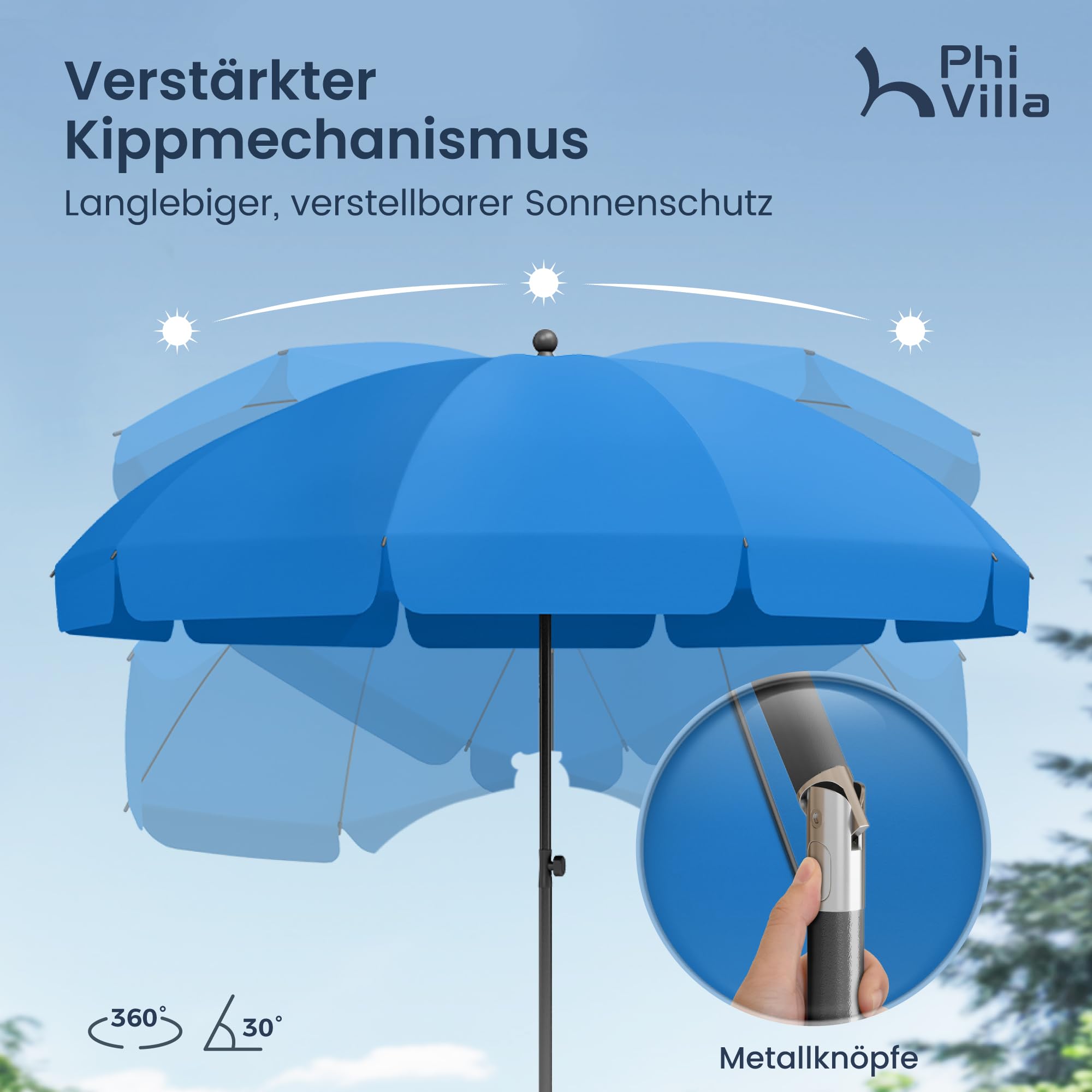 PHI VILLA Parasol réglable en hauteur de 175 à 220 cm avec housse et pince - Parasol de plage inclinable - Résistant au vent - Stable à emporter - Protection UV50+ - Pour balcon, plage, balustrade de
