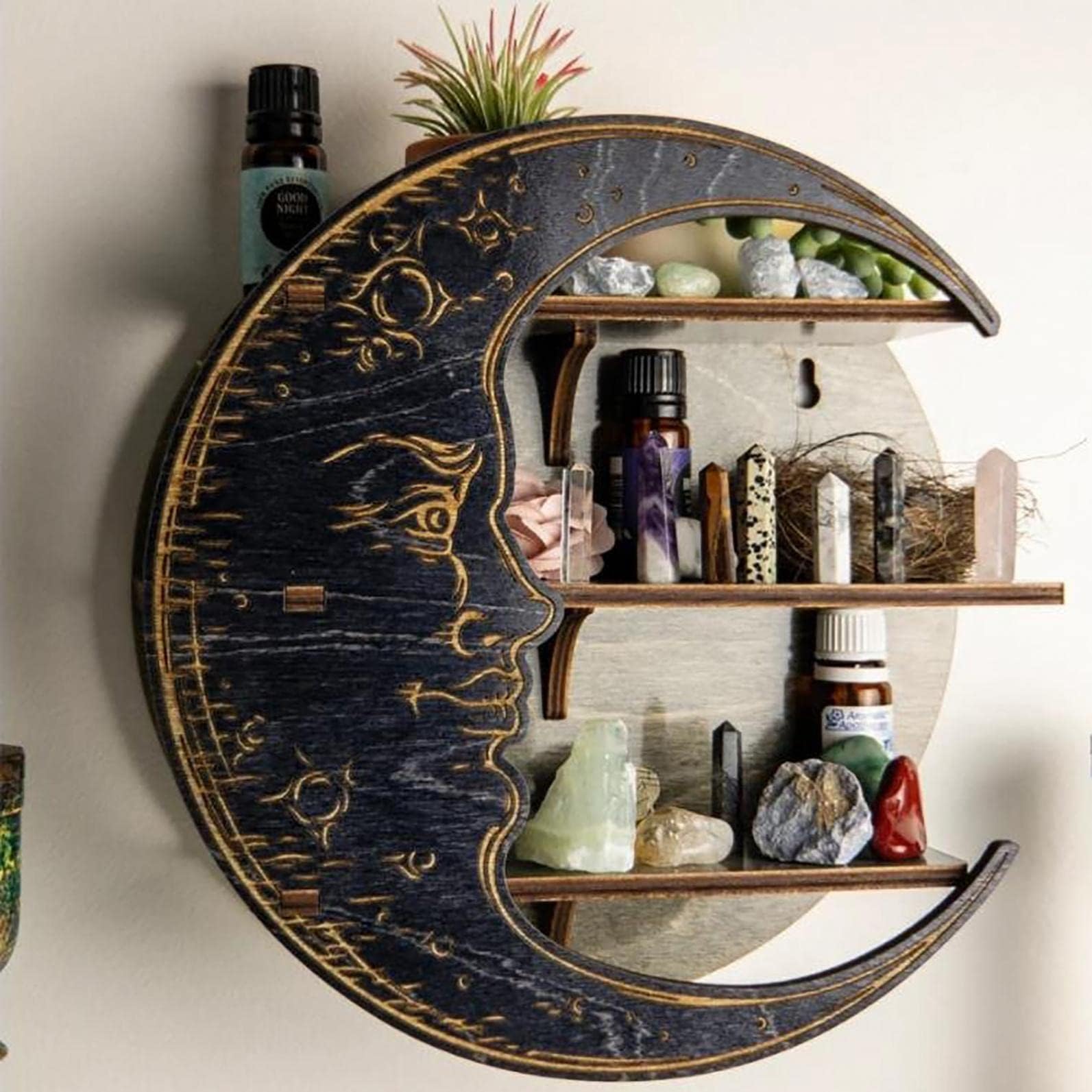 Wall Mounted Crystal Display Moon Shelf, Moon Phase Hippie Celestial Decor Wall Decor Wood Shelves for Living Room