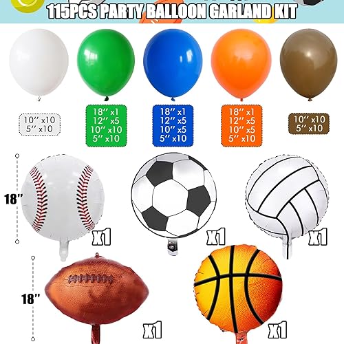 Miniatura 2 de Kit de guirnalda de arco de globos deportivos, 115 piezas para fiestas deportivas, béisbol, fútbol, fútbol, fútbol, helio, globos de látex azul,
