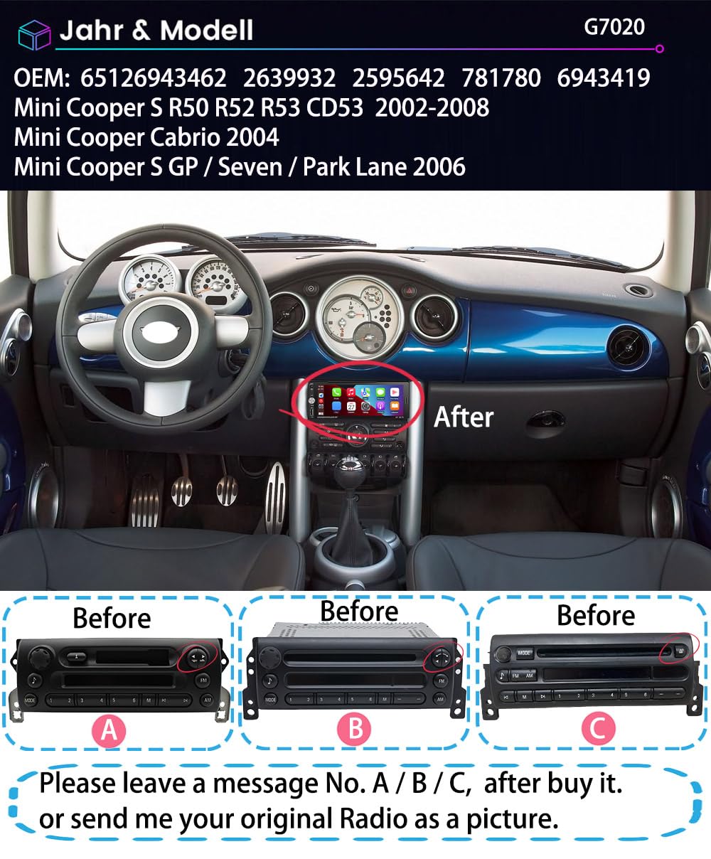Radio de coche CarPlay para Mini Cooper S R50 R52 R53 CD53 Cabrio GP/Seven/Park Lane, Radio de coche con pantalla HD de 6.9 pulgadas, CarPlay inalámbrico, Android Auto, GPS, Wi-Fi, USB, Bluetooth, FM