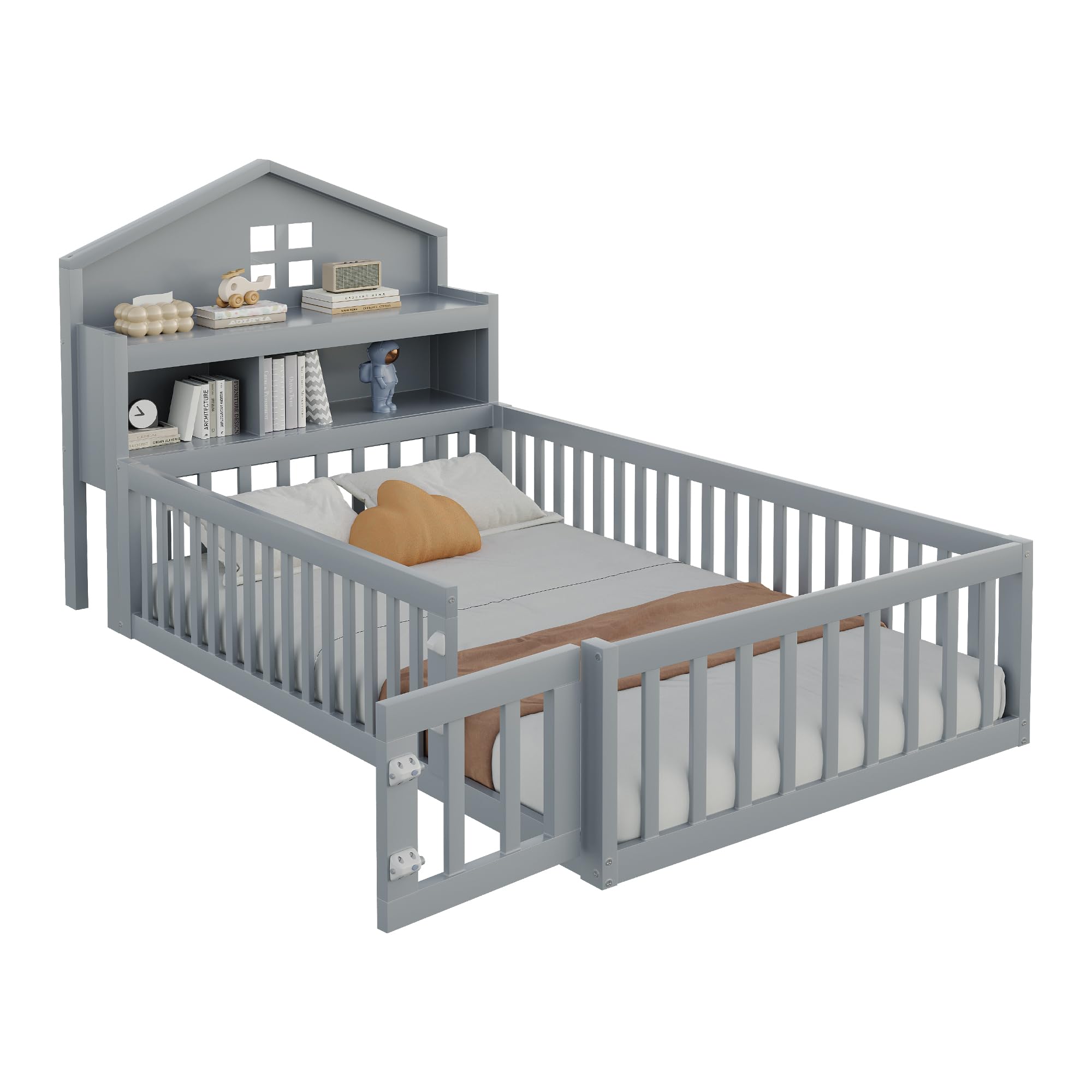 Ball & Cast Bodenbett (90x200 cm), Jugendbett und Hausbett mit Einlegeböden & Stauraum, Kinderbett 90x200 mit rausfallschutz, ohne Matratze, Grau