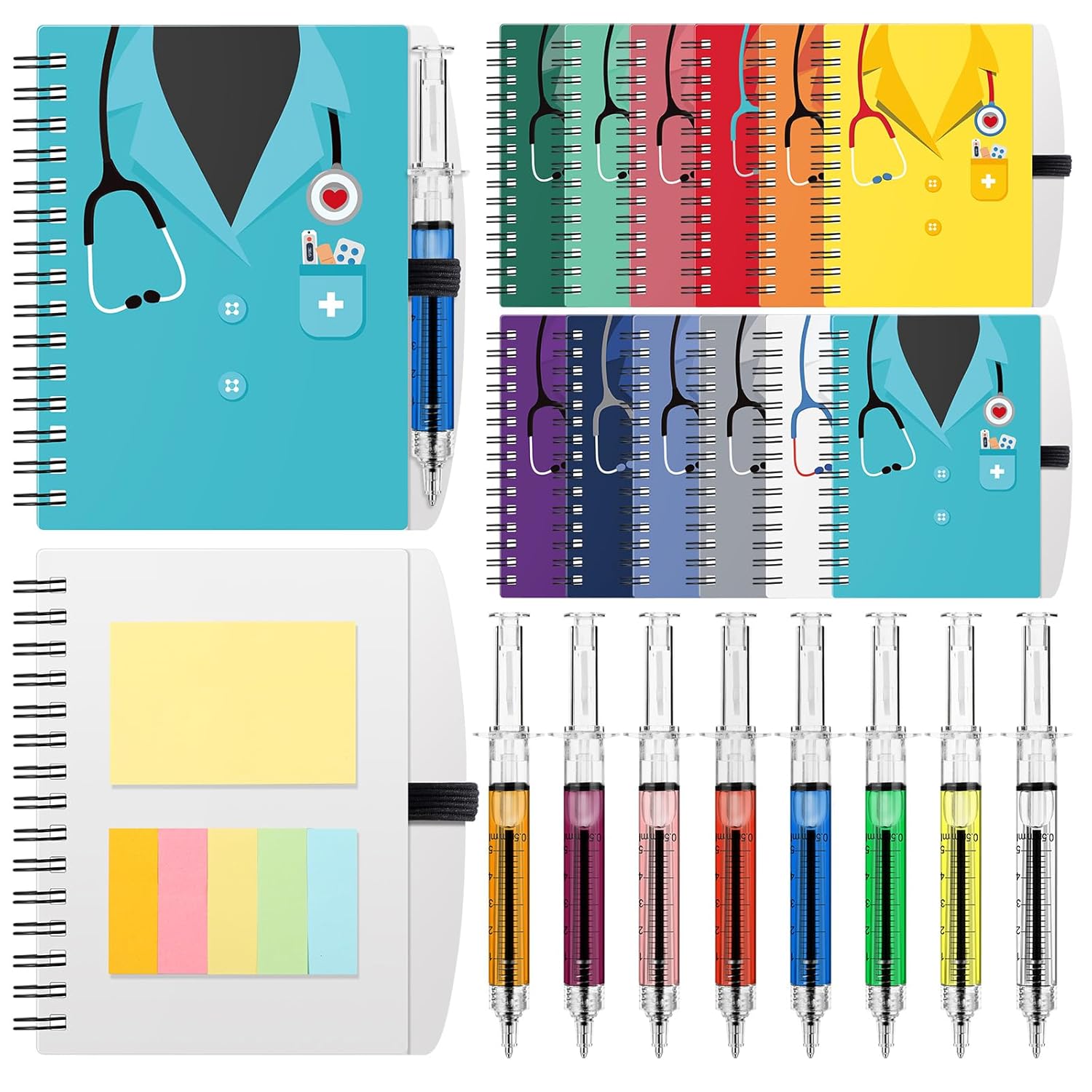 Moinchore 24 Pcs Nurses Notebook and Syringe Pen Set Nursing Gifts for Students Coworkers Doctors Staff Appreciation Gift Medical Pocket Spiral Journal Notebook with Sticky Notes Pad Bulk Rn Supply
