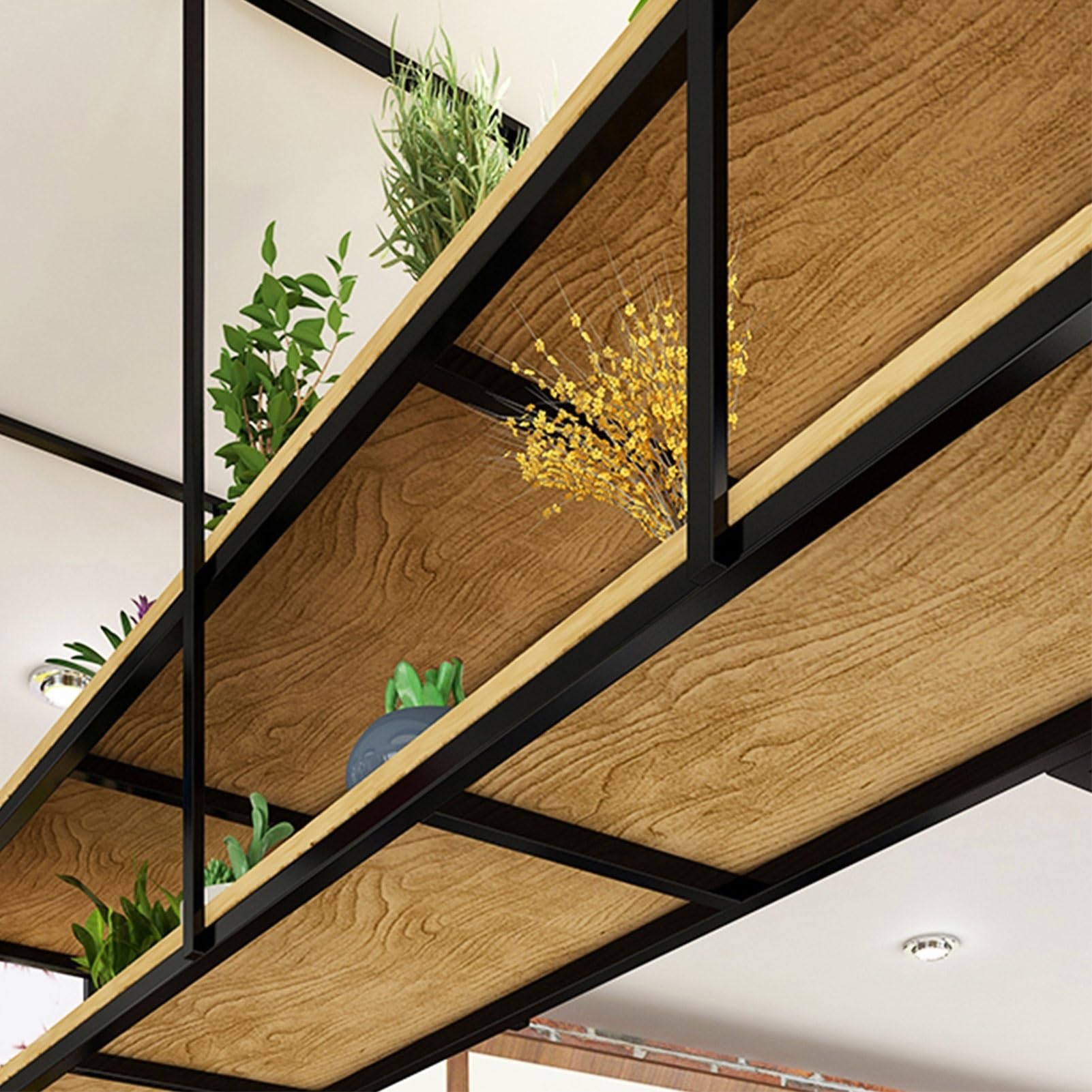Étagères flottantes en bois et finitions noires pour décoration épurée