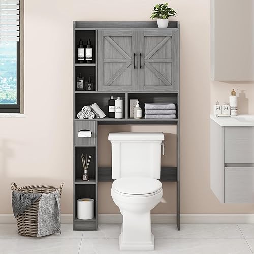 Vabches Over The Toilet Storage Cabinet, Farmhouse Style with 2 Barn Doors, Toilet Paper Holder, Space-Saving for Bathroom & Laundry, Gray